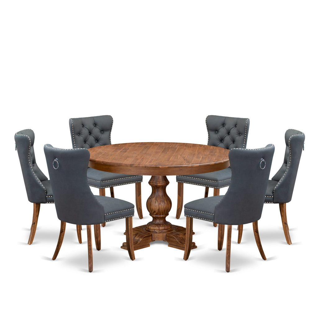 Luxe by East West Furniture F5DA7-50N-13 7-piece Mid-century Dining table set included a Dining Table and 6 Platinum Gray Faux Leather Kitchen Chairs with Button Tufted Back - Antique Walnut Finish