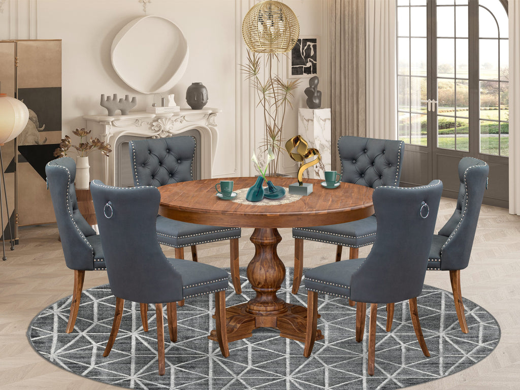 Luxe by East West Furniture F5DA7-50N-13 7-piece Mid-century Dining table set included a Dining Table and 6 Platinum Gray Faux Leather Kitchen Chairs with Button Tufted Back - Antique Walnut Finish