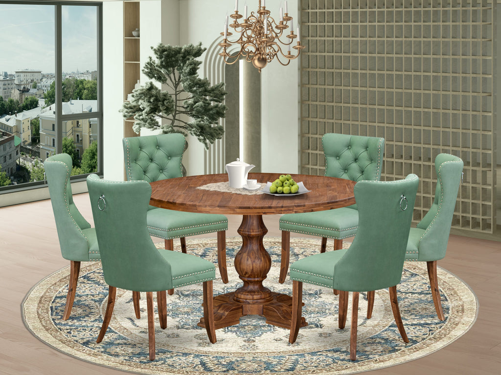 Luxe by East West Furniture F5DA7-50N-22 7-Piece Dining Table Set Include a Dining Table and 6 Willow Green Faux Leather Dining Chairs with Button-Tufted Back, Antique Walnut