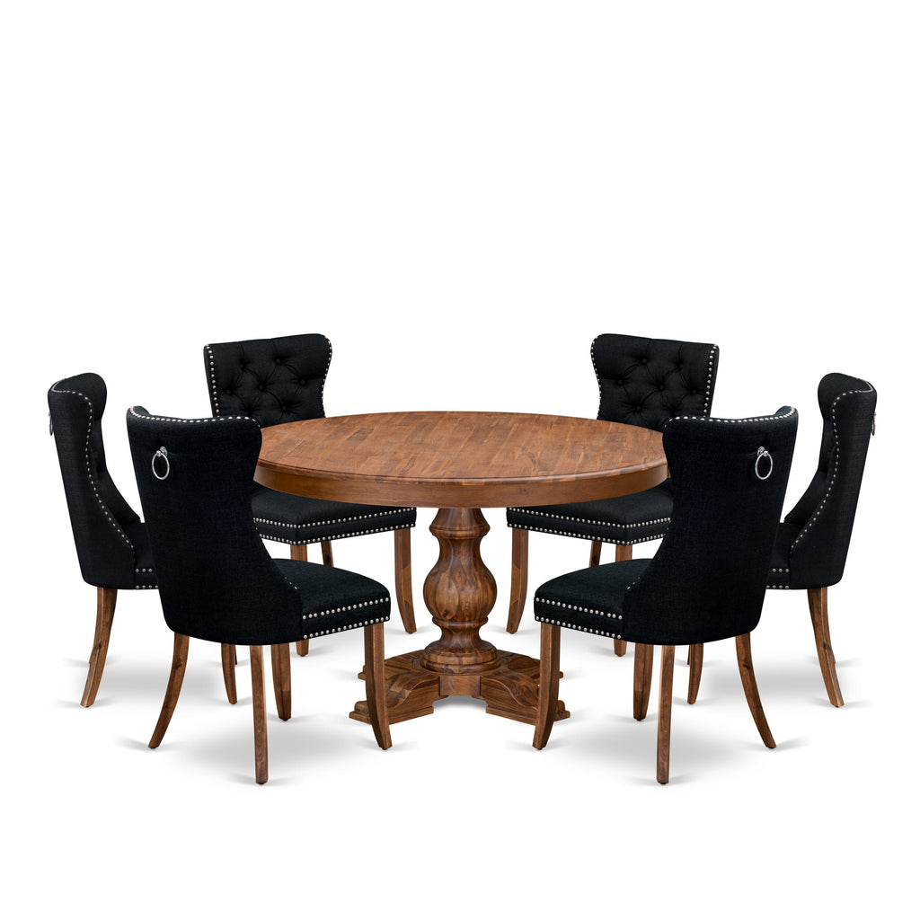 Luxe by East West Furniture F5DA7-50N-24 7-Piece Kitchen Set with Linen Fabric 6 Black upholstered dining chairs, Button-Tufted Backs, and a 54"Round Table in Antique Walnut Finish.