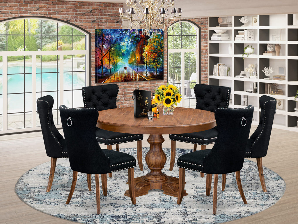 Luxe by East West Furniture F5DA7-50N-24 7-Piece Kitchen Set with Linen Fabric 6 Black upholstered dining chairs, Button-Tufted Backs, and a 54"Round Table in Antique Walnut Finish.
