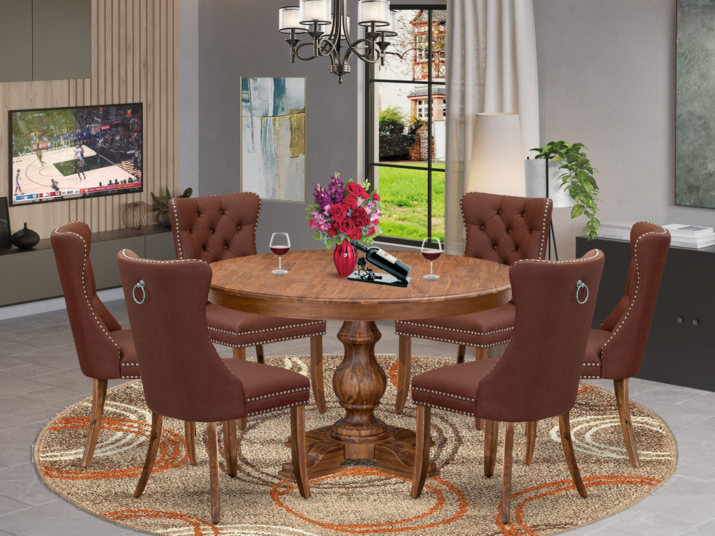 Luxe by East West Furniture F5DA7-50N-26 7-Pc Mid Century Dining Set Include a Dining Table and 6 Burgundy Faux Leather Parsons Chairs with Button-Tufted Back, Antique Walnut