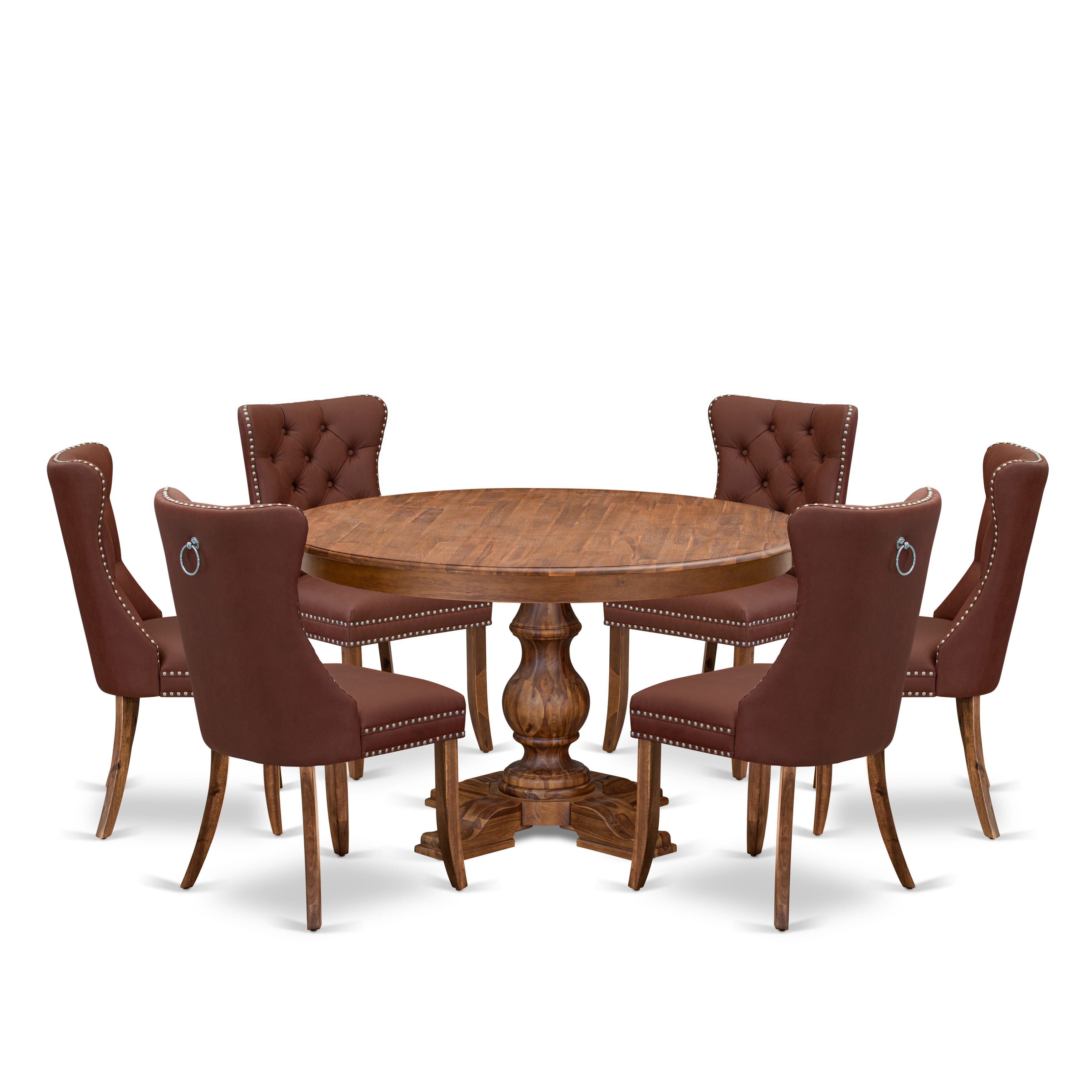 Luxe by East West Furniture F5DA7-50N-26 7-Pc Mid Century Dining Set Include a Dining Table and 6 Burgundy Faux Leather Parsons Chairs with Button-Tufted Back, Antique Walnut
