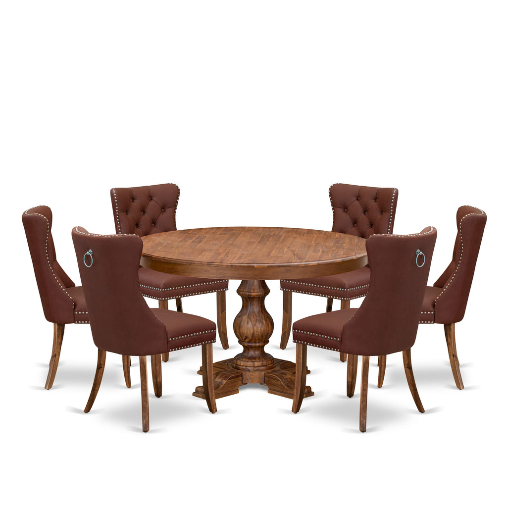 Luxe by East West Furniture F5DA7-50N-26 7-Pc Mid Century Dining Set Include a Dining Table and 6 Burgundy Faux Leather Parsons Chairs with Button-Tufted Back, Antique Walnut