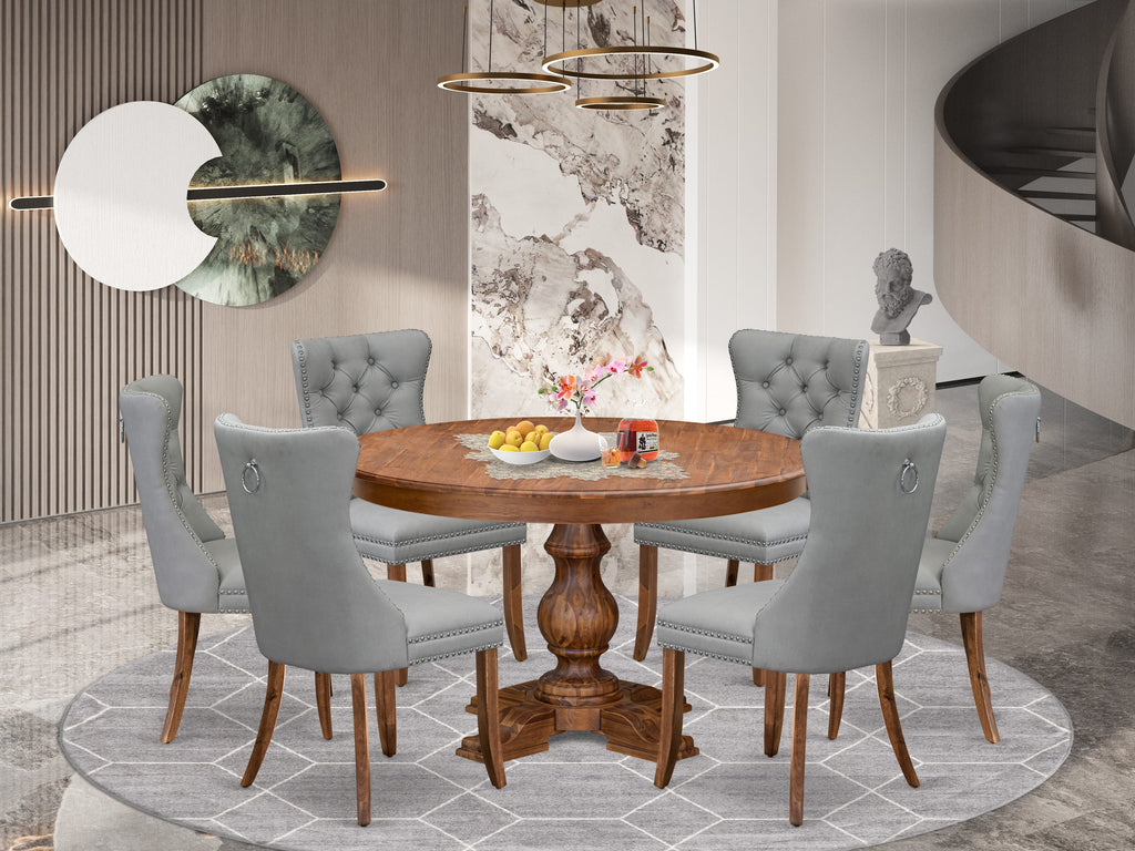 Luxe by East West Furniture F5DA7-50N-27 7-Pc Modern Dining Table Set Include a Dining Table and 6 Light Gray Faux Leather Chairs with Button-Tufted Back, Antique Walnut