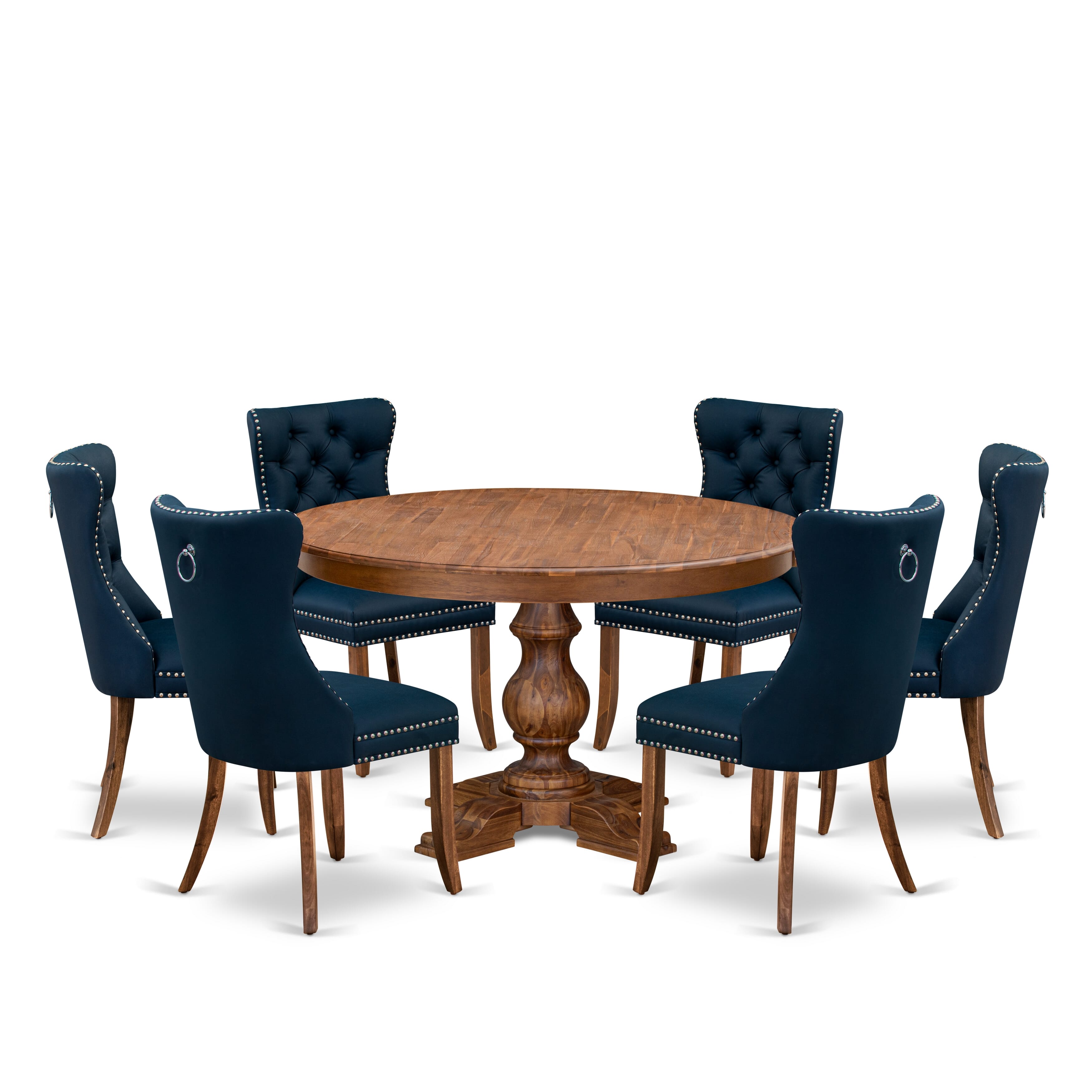 Luxe by East West Furniture F5DA7-50N-29 7-Pc Kitchen Table Set Include a Dining Table and 6 Navy Blue Faux Leather Parson Chairs with Button-Tufted Back, Antique Walnut