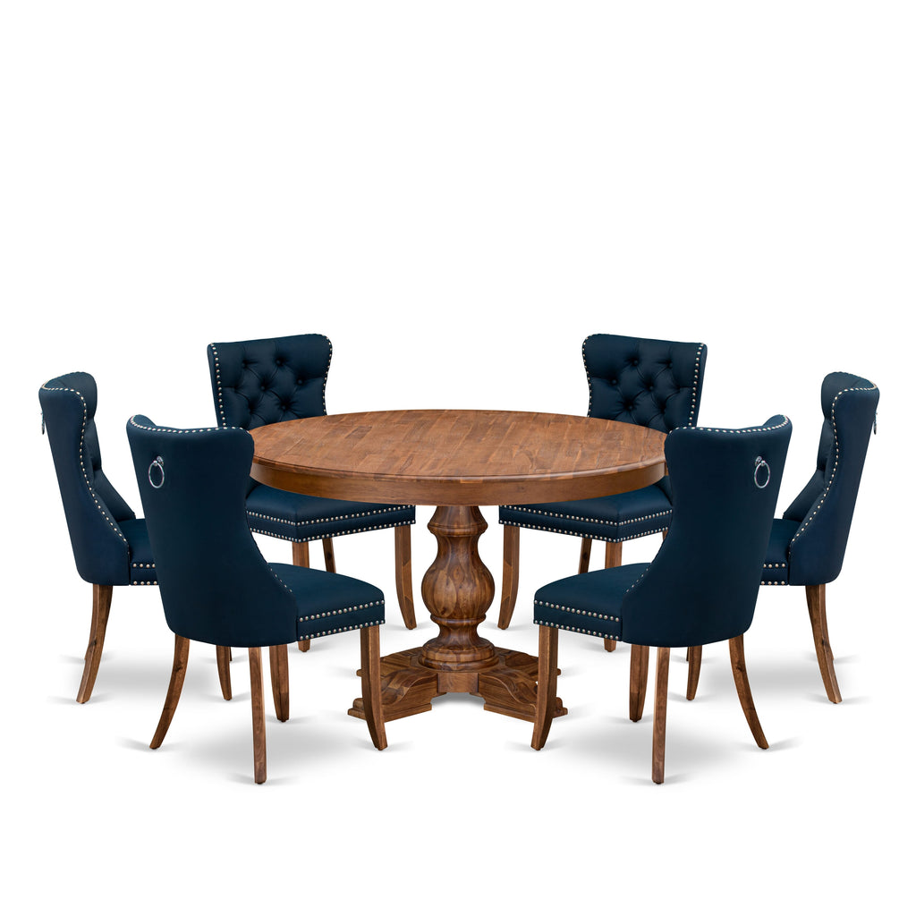 Luxe by East West Furniture F5DA7-50N-29 7-Pc Kitchen Table Set Include a Dining Table and 6 Navy Blue Faux Leather Parson Chairs with Button-Tufted Back, Antique Walnut