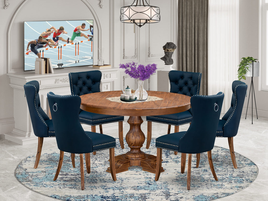 Luxe by East West Furniture F5DA7-50N-29 7-Pc Kitchen Table Set Include a Dining Table and 6 Navy Blue Faux Leather Parson Chairs with Button-Tufted Back, Antique Walnut