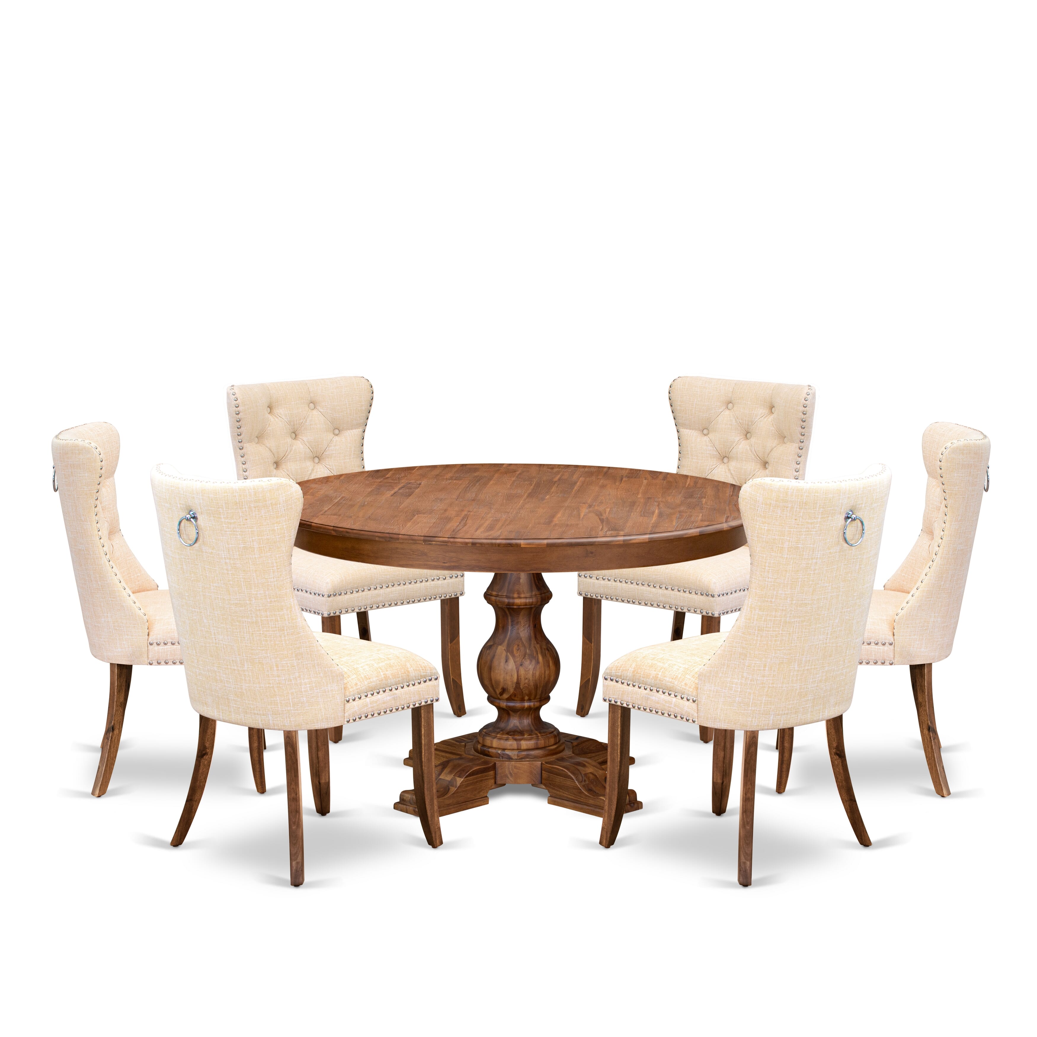 Luxe by East West Furniture F5DA7-50N-32 7-Piece Dining Set with Linen Fabric 6 Light Beige Kitchen chairs, Button-Tufted Backs, and a 54"Round Dining Table in Antique Walnut Finish.