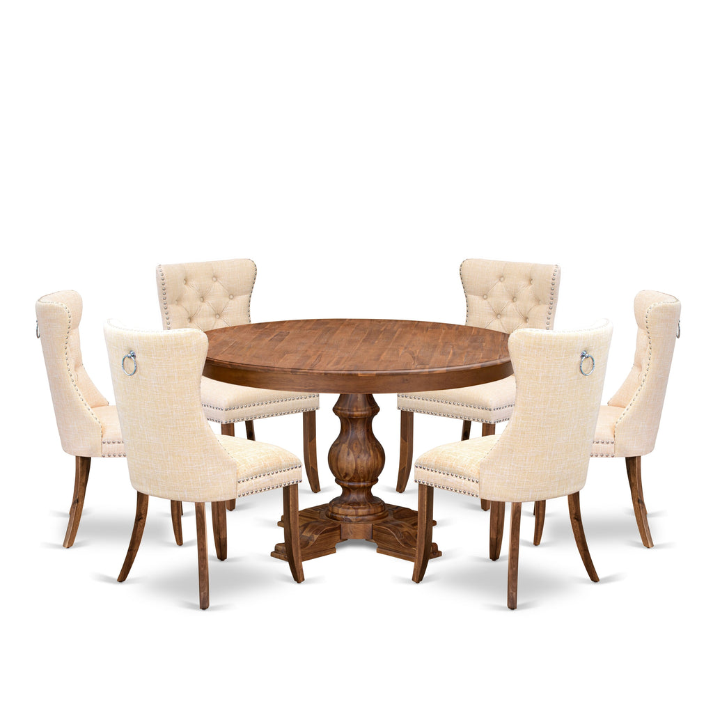 Luxe by East West Furniture F5DA7-50N-32 7-Piece Dining Set with Linen Fabric 6 Light Beige Kitchen chairs, Button-Tufted Backs, and a 54"Round Dining Table in Antique Walnut Finish.