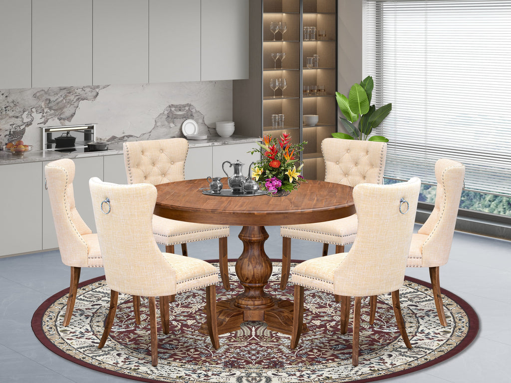 Luxe by East West Furniture F5DA7-50N-32 7-Piece Dining Set with Linen Fabric 6 Light Beige Kitchen chairs, Button-Tufted Backs, and a 54"Round Dining Table in Antique Walnut Finish.