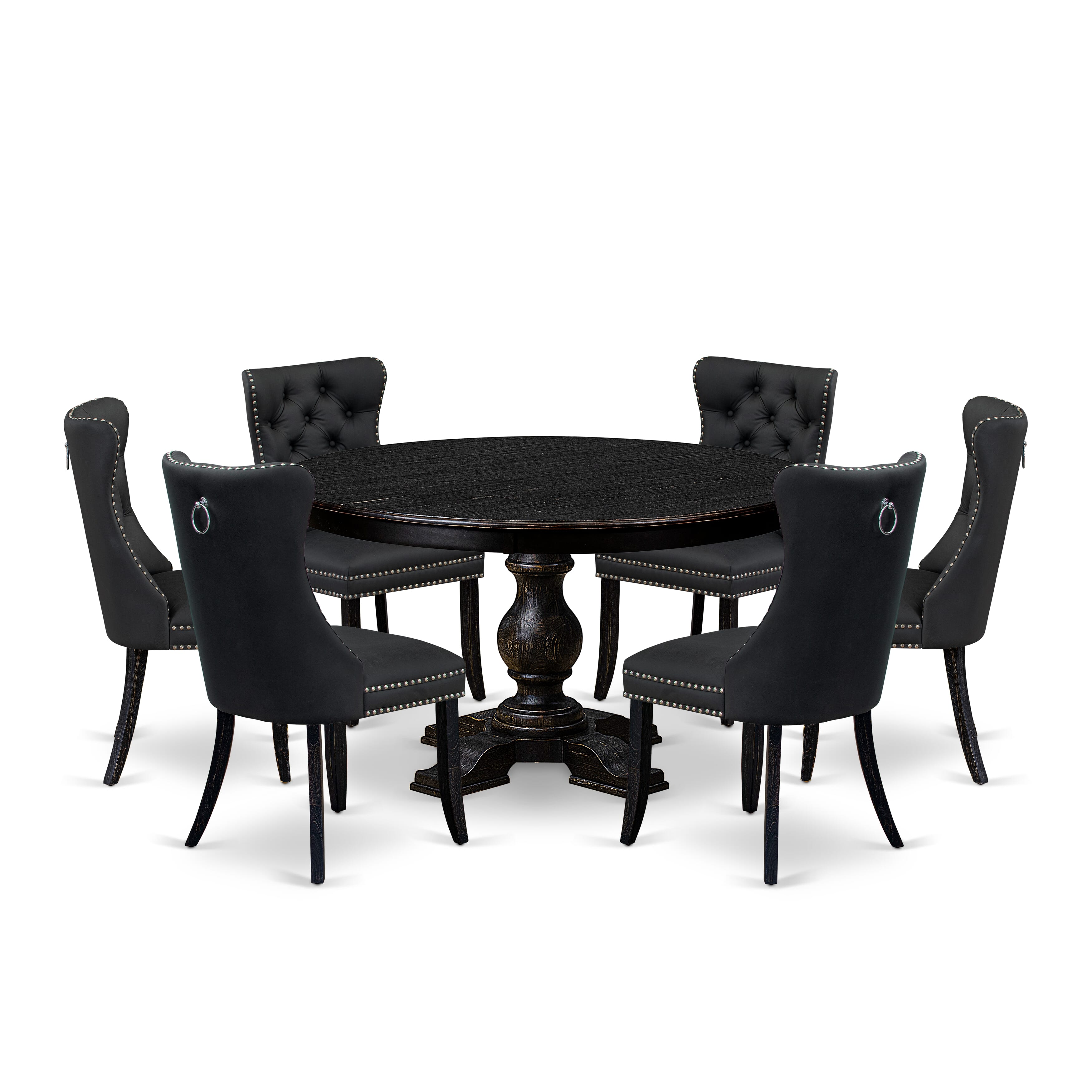 Luxe by East West Furniture F5DA7-511-12 7-Piece Kitchen Table Set with Faux Leather 6 Dark Gray Dining chairs, Button-Tufted Backs, and a 54"Round Table in Sand Blasted Black Finish.