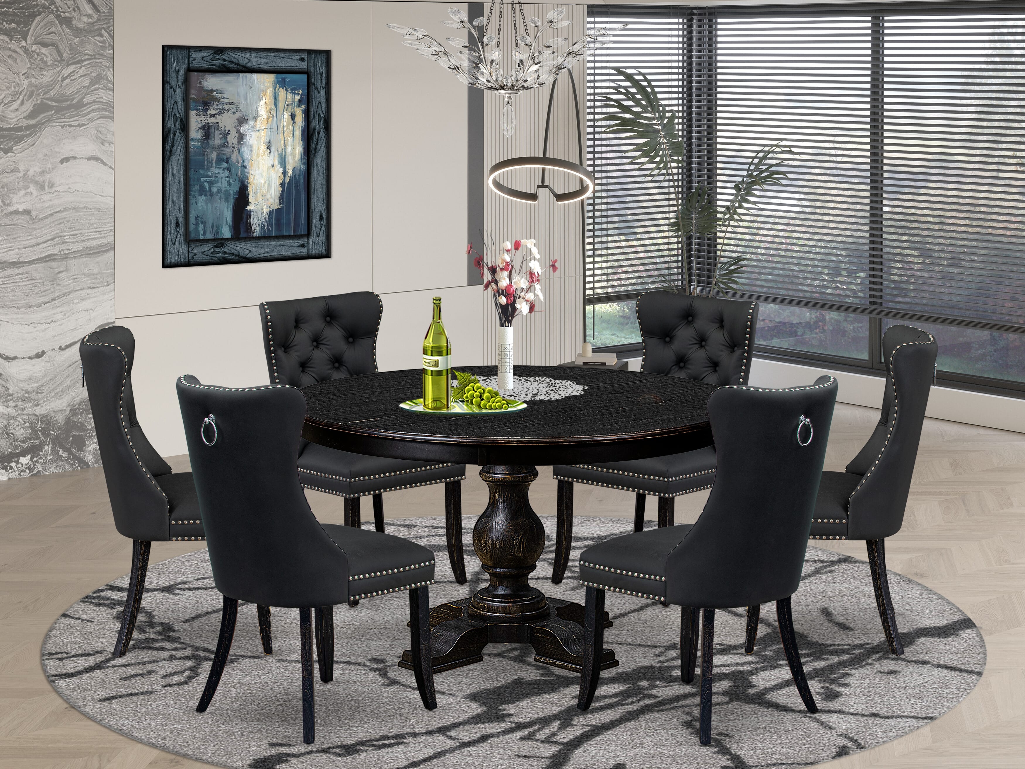 Luxe by East West Furniture F5DA7-511-12 7-Piece Kitchen Table Set with Faux Leather 6 Dark Gray Dining chairs, Button-Tufted Backs, and a 54"Round Table in Sand Blasted Black Finish.