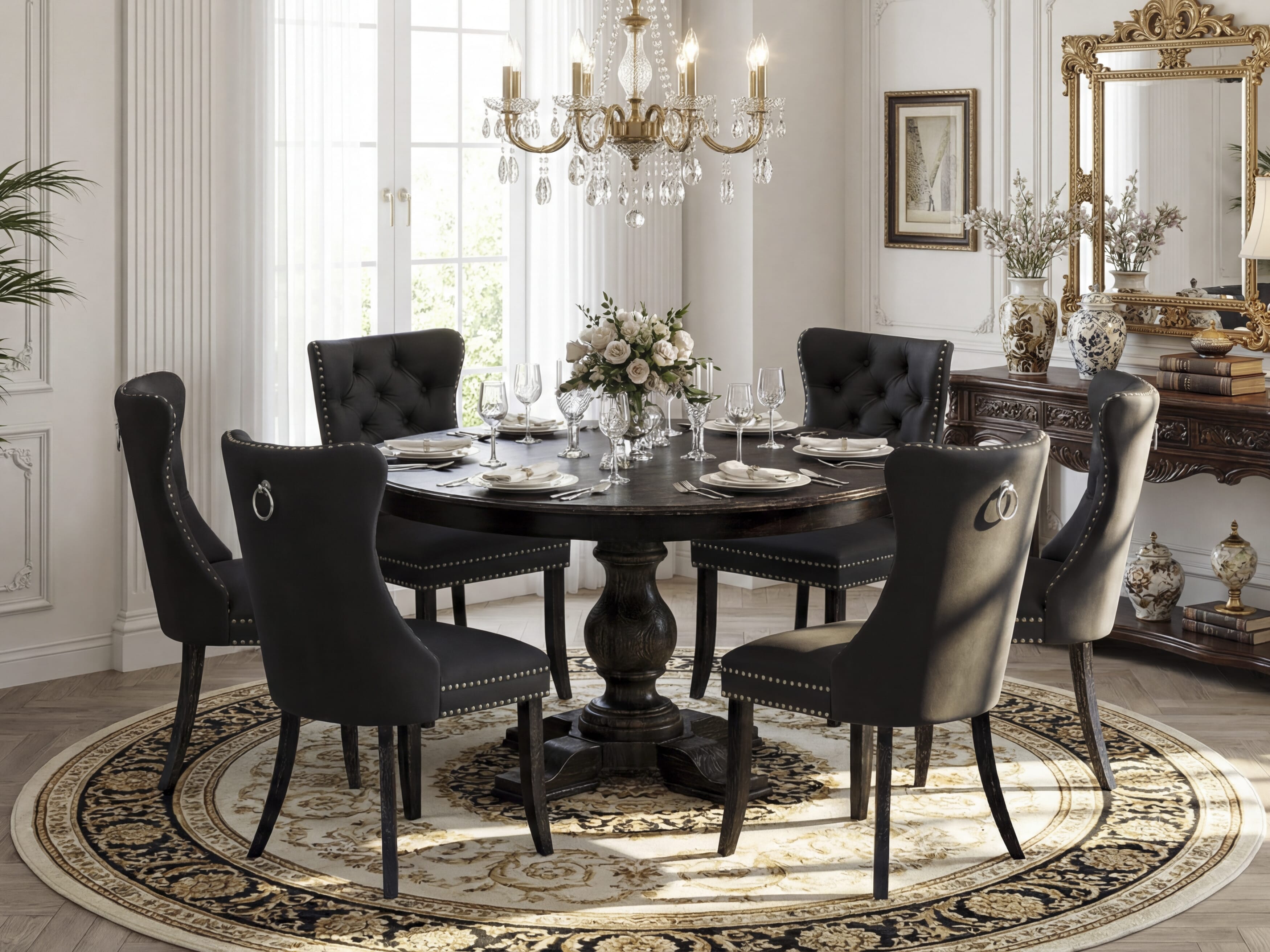 Luxe by East West Furniture F5DA7-511-12 7-Piece Kitchen Table Set with Faux Leather 6 Dark Gray Dining chairs, Button-Tufted Backs, and a 54"Round Table in Sand Blasted Black Finish.