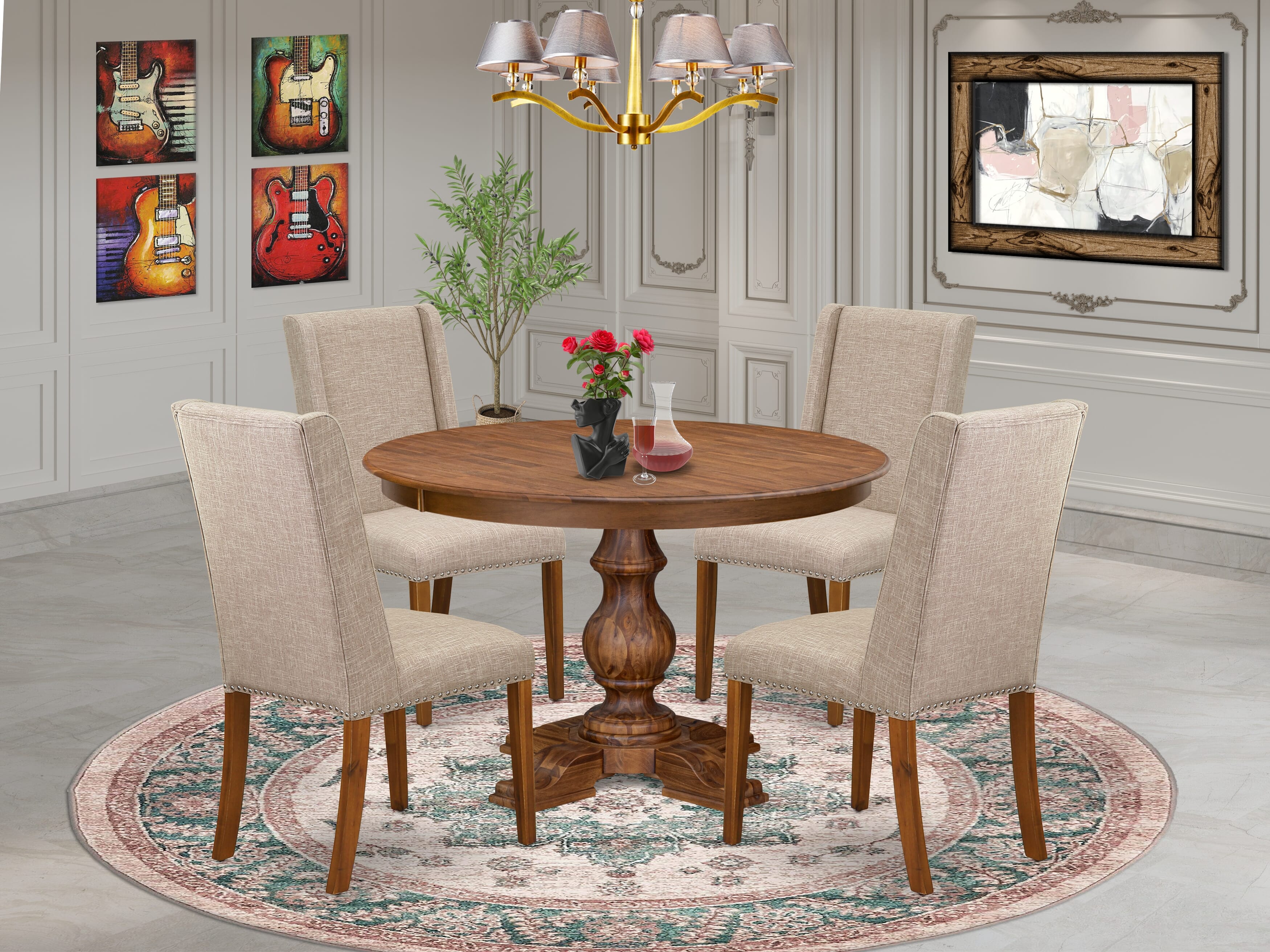 Luxe by East West Furniture F5FL5-40N-04 5-piece Kitchen Dining Table Set contains a wood table and 4 Light Tan Linen Fabric dining chair with Padded Back - Antique Walnut