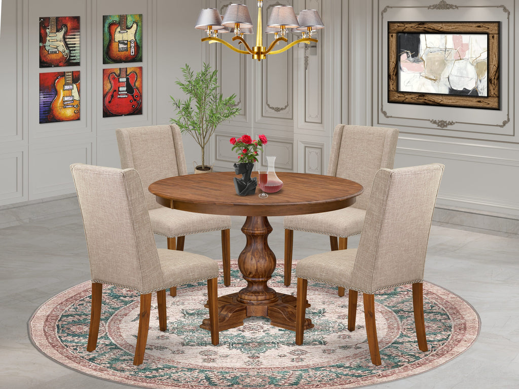 Luxe by East West Furniture F5FL5-40N-04 5-piece Kitchen Dining Table Set contains a wood table and 4 Light Tan Linen Fabric dining chair with Padded Back - Antique Walnut