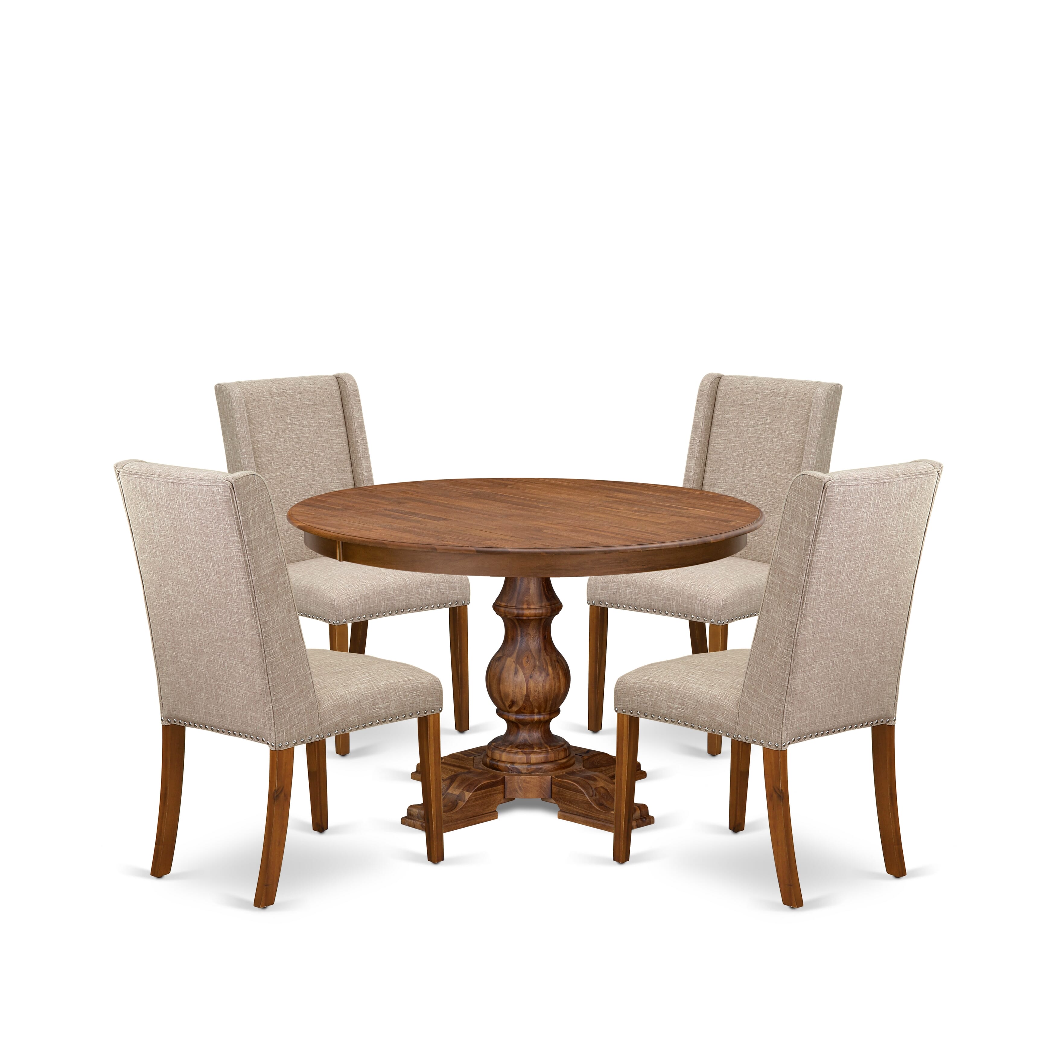 Luxe by East West Furniture F5FL5-40N-04 5-piece Kitchen Dining Table Set contains a wood table and 4 Light Tan Linen Fabric dining chair with Padded Back - Antique Walnut