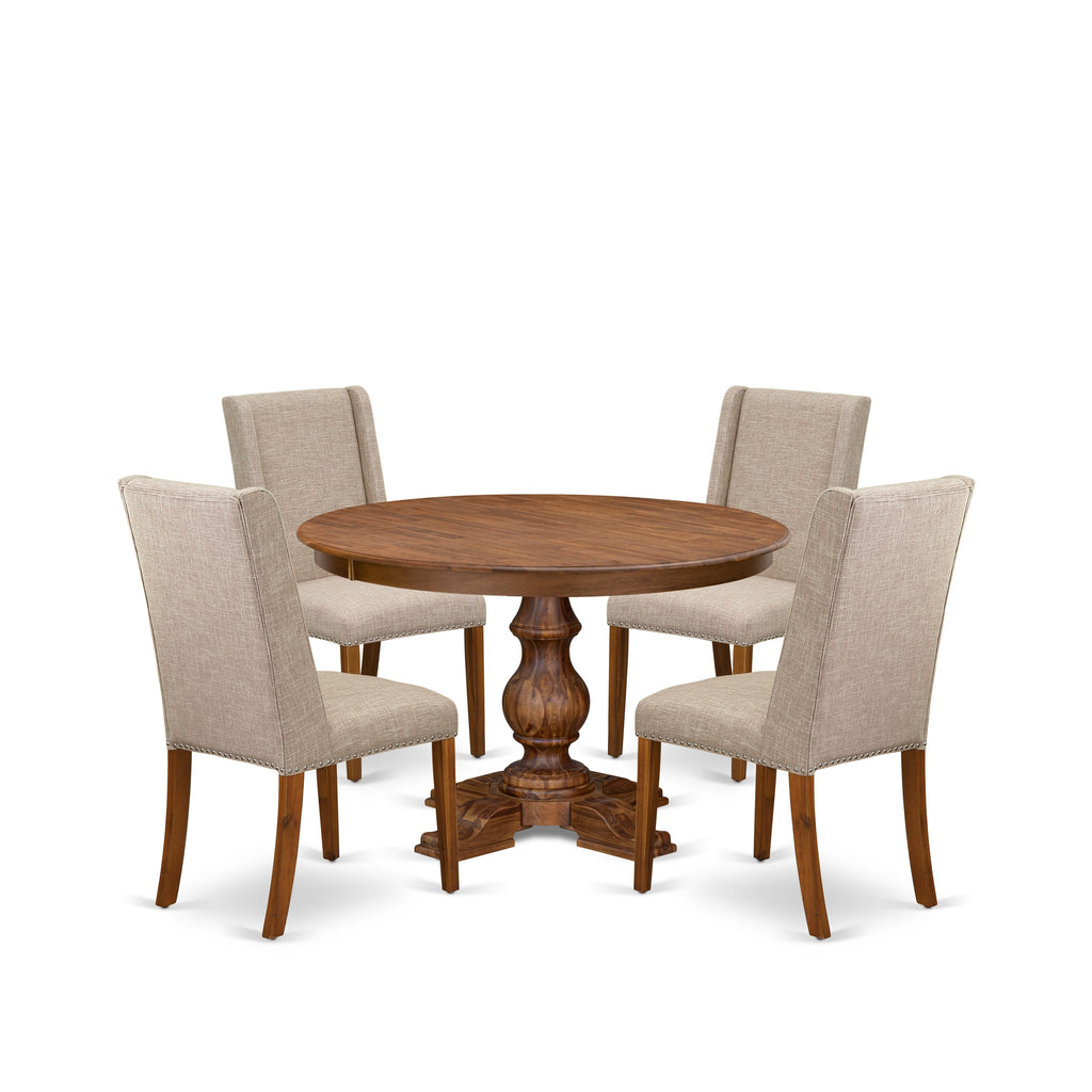 Luxe by East West Furniture F5FL5-40N-04 5-piece Kitchen Dining Table Set contains a wood table and 4 Light Tan Linen Fabric dining chair with Padded Back - Antique Walnut