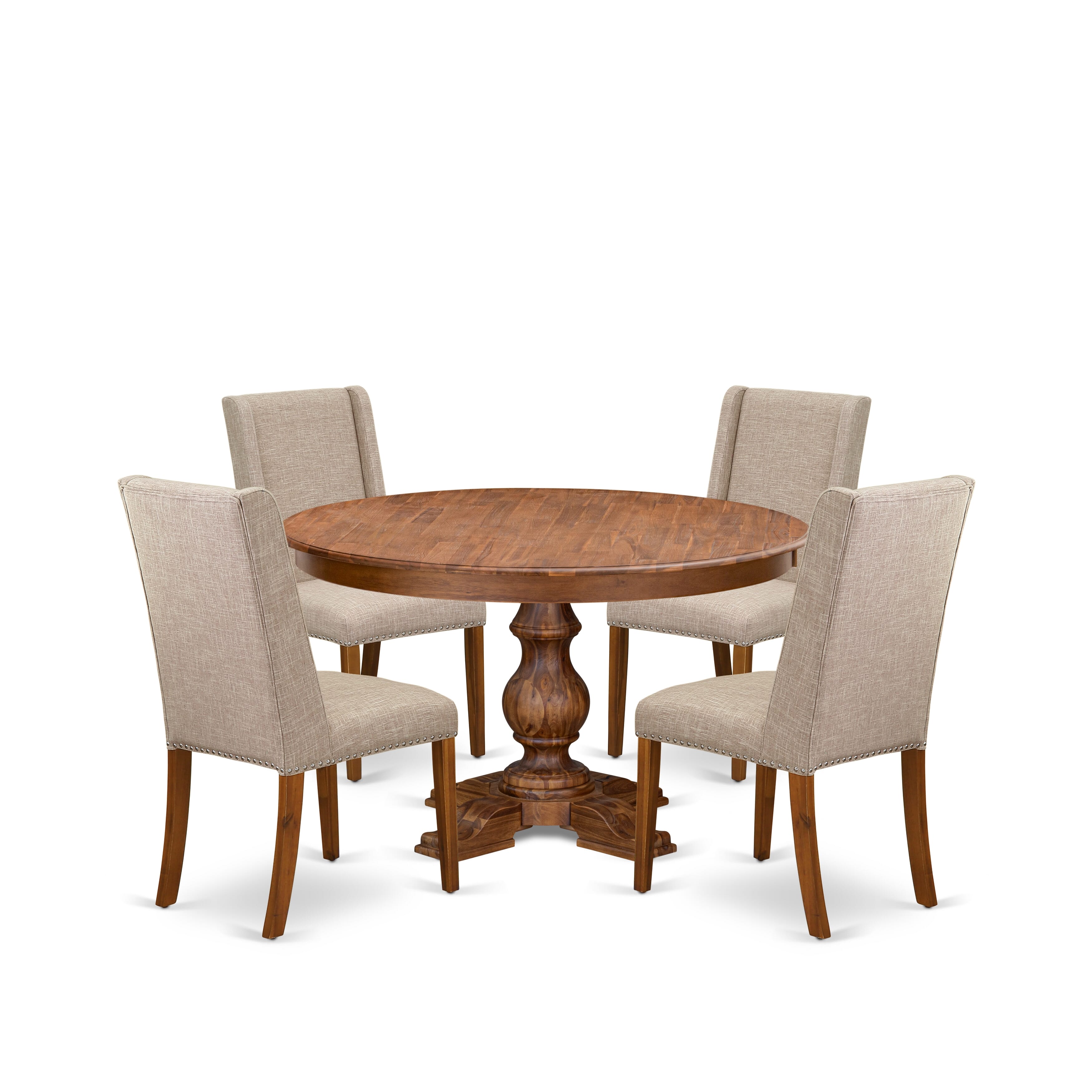 Luxe by East West Furniture F5FL5-50N-04 5-piece Dining Room Set contains a mid century table and 4 Light Tan Linen Fabric kitchen chairs with Padded Back - Antique Walnut
