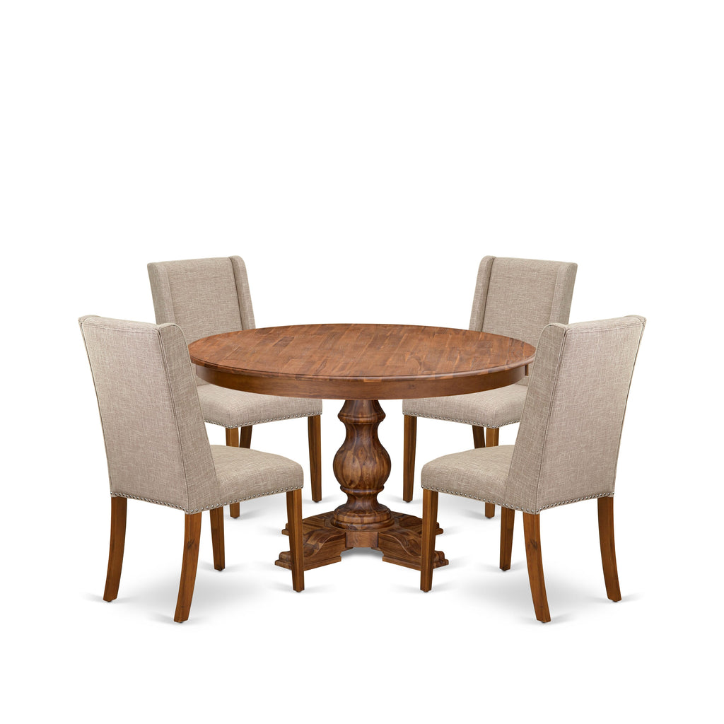Luxe by East West Furniture F5FL5-50N-04 5-piece Dining Room Set contains a mid century table and 4 Light Tan Linen Fabric kitchen chairs with Padded Back - Antique Walnut