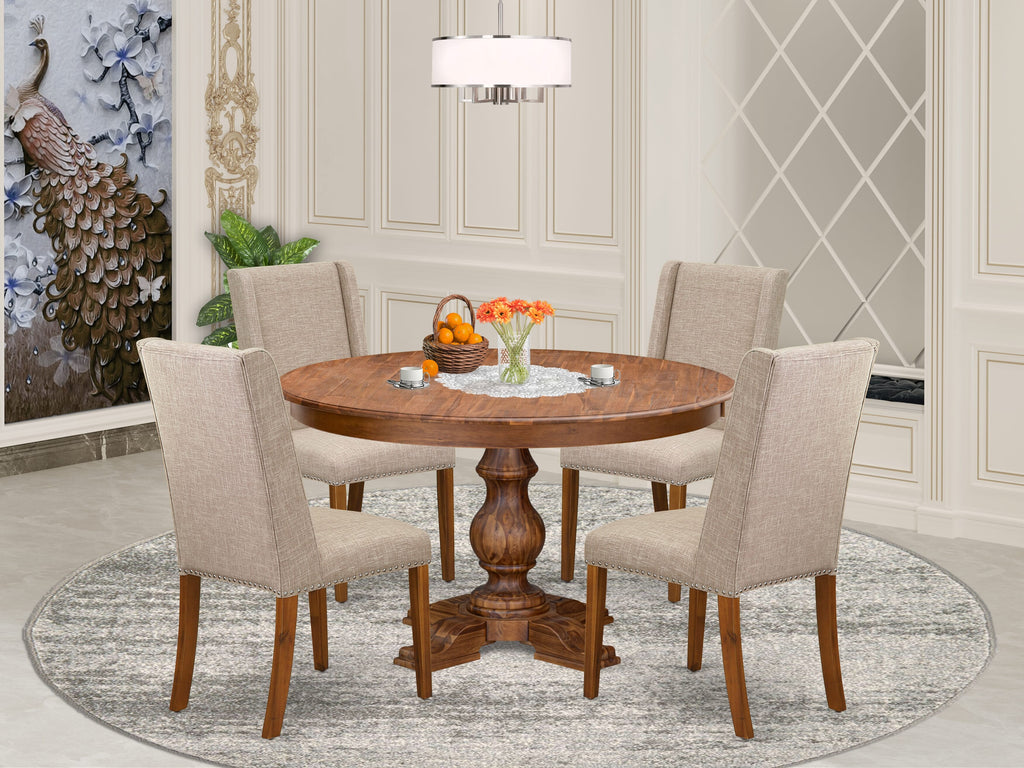 Luxe by East West Furniture F5FL5-50N-04 5-piece Dining Room Set contains a mid century table and 4 Light Tan Linen Fabric kitchen chairs with Padded Back - Antique Walnut
