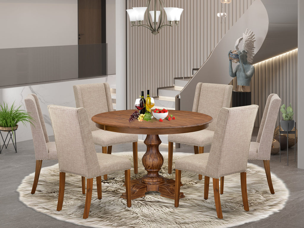 Luxe by East West Furniture F5FL7-40N-04 7-piece Modern Dining Table Set included a dining table and 6 Light Tan Linen Fabric dinner chairs with Padded Back - Antique Walnut