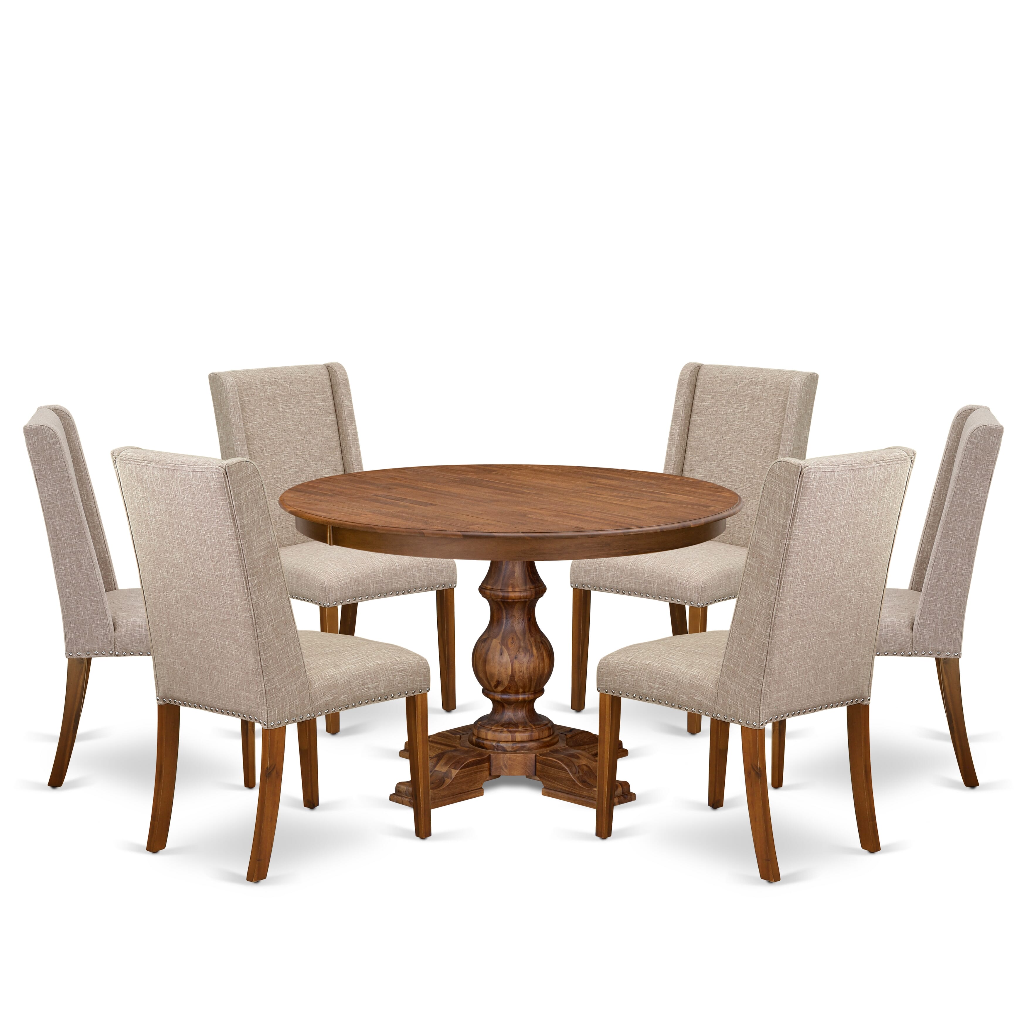 Luxe by East West Furniture F5FL7-40N-04 7-piece Modern Dining Table Set included a dining table and 6 Light Tan Linen Fabric dinner chairs with Padded Back - Antique Walnut