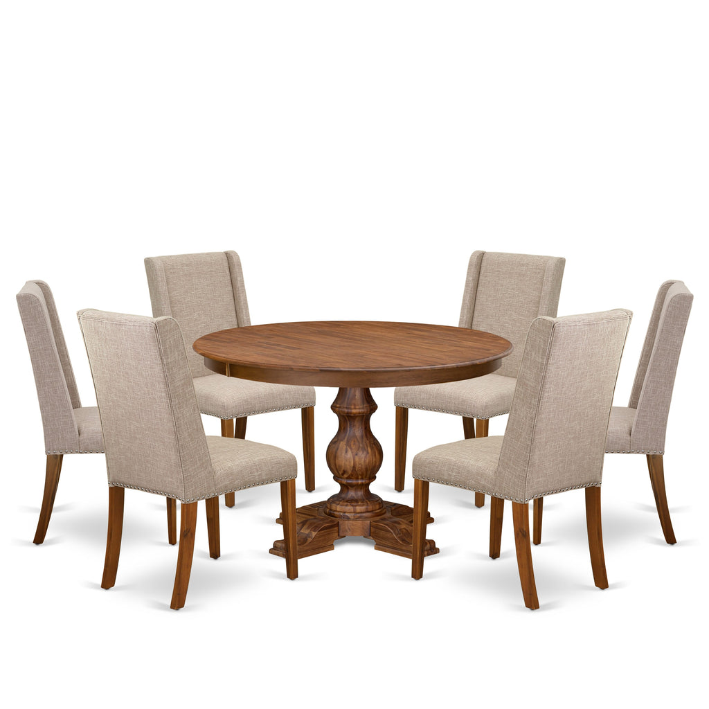Luxe by East West Furniture F5FL7-40N-04 7-piece Modern Dining Table Set included a dining table and 6 Light Tan Linen Fabric dinner chairs with Padded Back - Antique Walnut