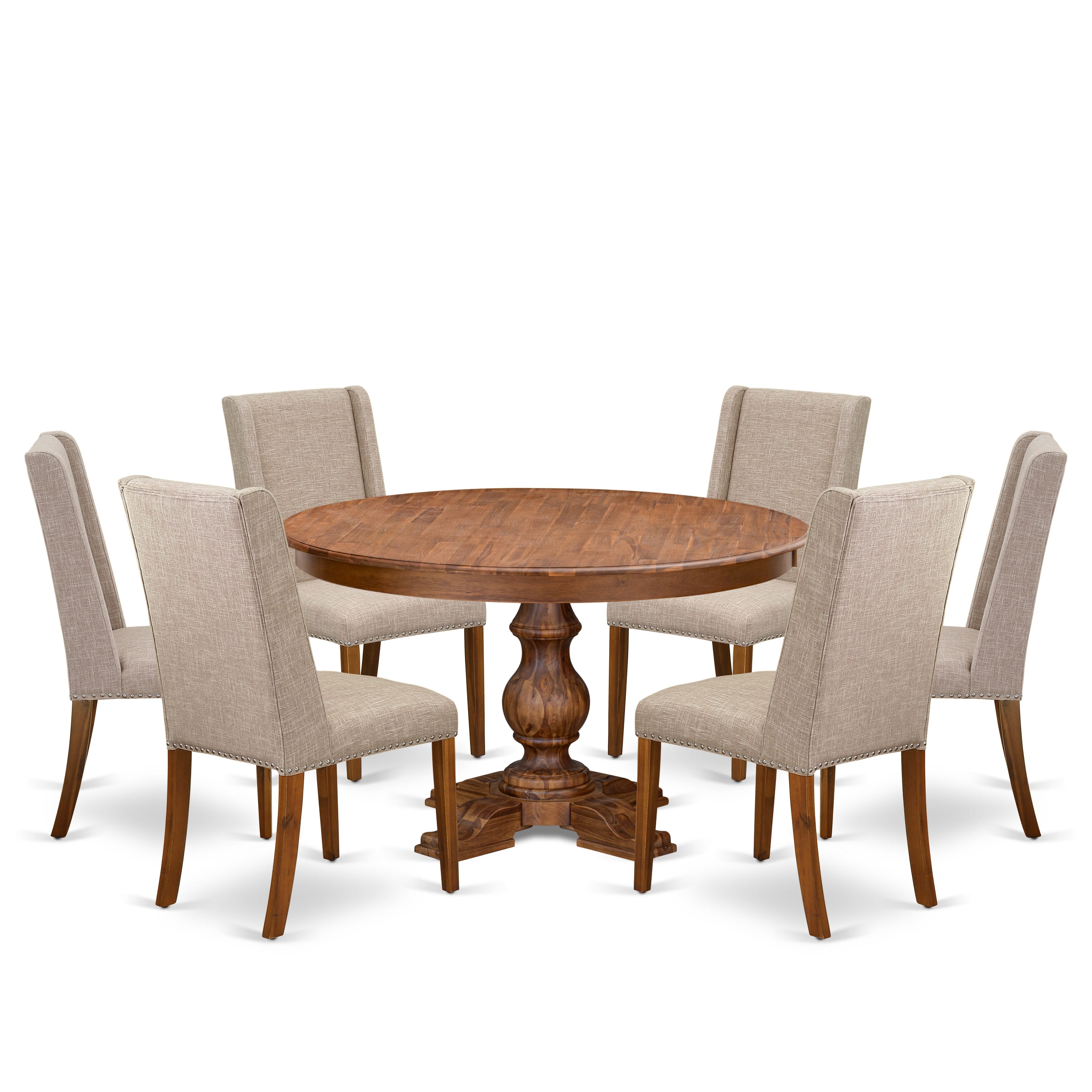 Luxe by East West Furniture F5FL7-50N-04 7-piece Kitchen Table Set included a wood table and 6 Light Tan Linen Fabric Dinner chair with Padded Back - Antique Walnut Finish