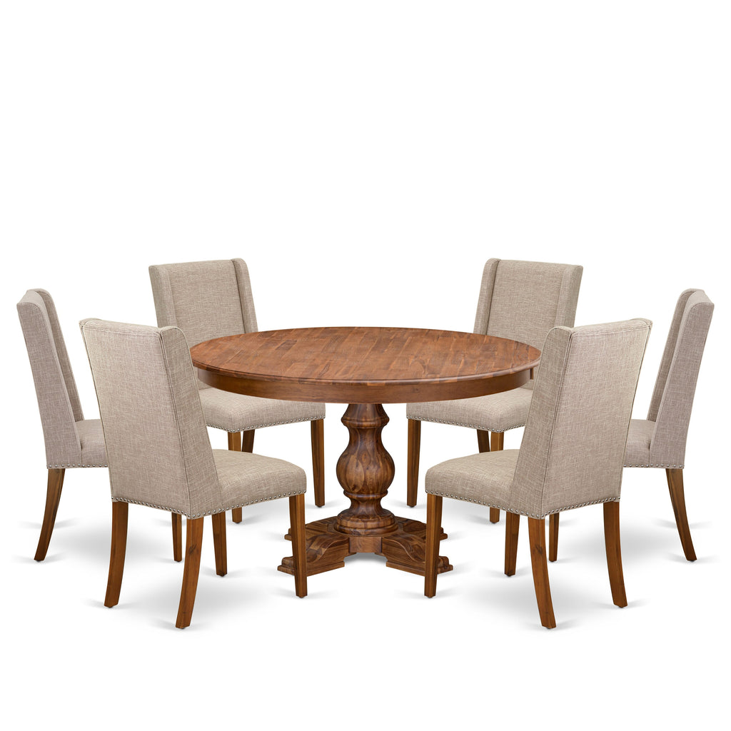 Luxe by East West Furniture F5FL7-50N-04 7-piece Kitchen Table Set included a wood table and 6 Light Tan Linen Fabric Dinner chair with Padded Back - Antique Walnut Finish