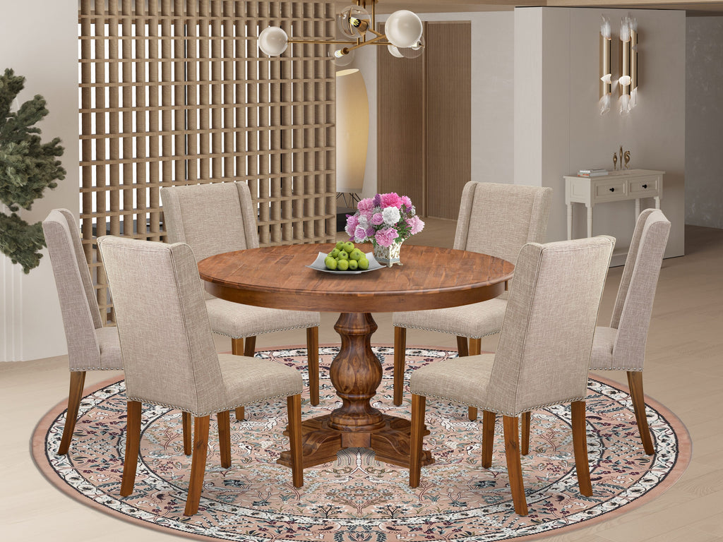 Luxe by East West Furniture F5FL7-50N-04 7-piece Kitchen Table Set included a wood table and 6 Light Tan Linen Fabric Dinner chair with Padded Back - Antique Walnut Finish