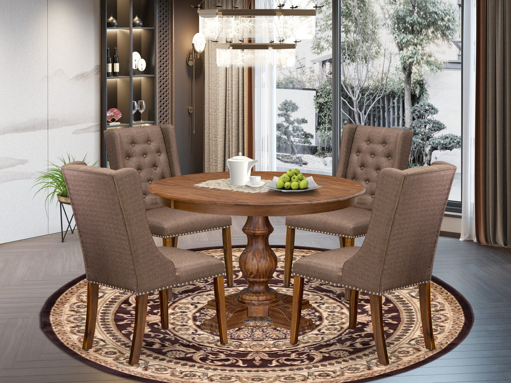 Luxe by East West Furniture - F5FO5-40N-18 - 5-Pc Mid Century Dining Set Contains A Table and 4 Brown Linen Fabric Upholstered Chairs with Button Tufted Back, Antique Walnut