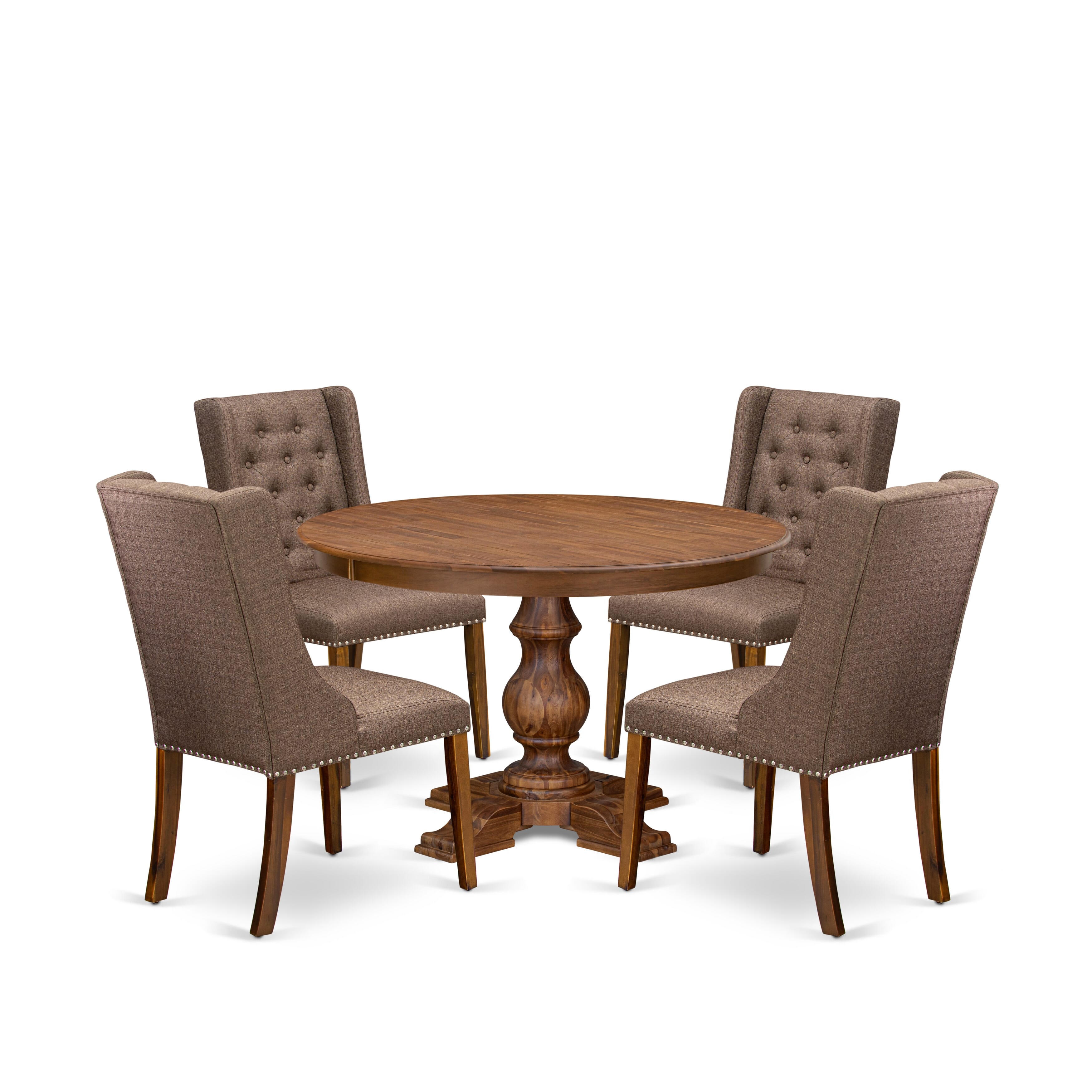 Luxe by East West Furniture - F5FO5-40N-18 - 5-Pc Mid Century Dining Set Contains A Table and 4 Brown Linen Fabric Upholstered Chairs with Button Tufted Back, Antique Walnut