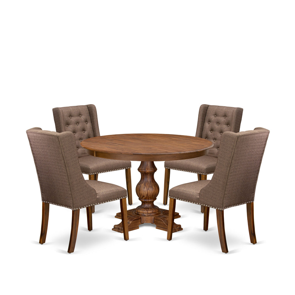 Luxe by East West Furniture - F5FO5-40N-18 - 5-Pc Mid Century Dining Set Contains A Table and 4 Brown Linen Fabric Upholstered Chairs with Button Tufted Back, Antique Walnut