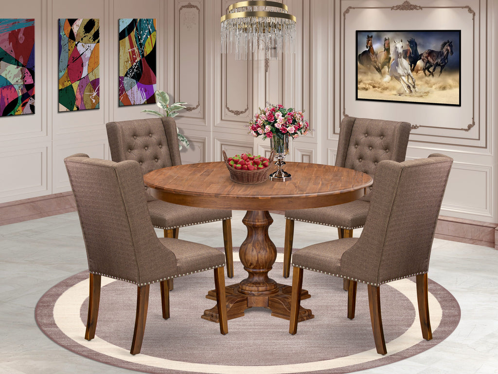 Luxe by East West Furniture - F5FO5-50N-18 - 5-Piece Dining Table Set Contains A Modern Kitchen Table and 4 Brown Linen Fabric Chairs with Button Tufted Back, Antique Walnut