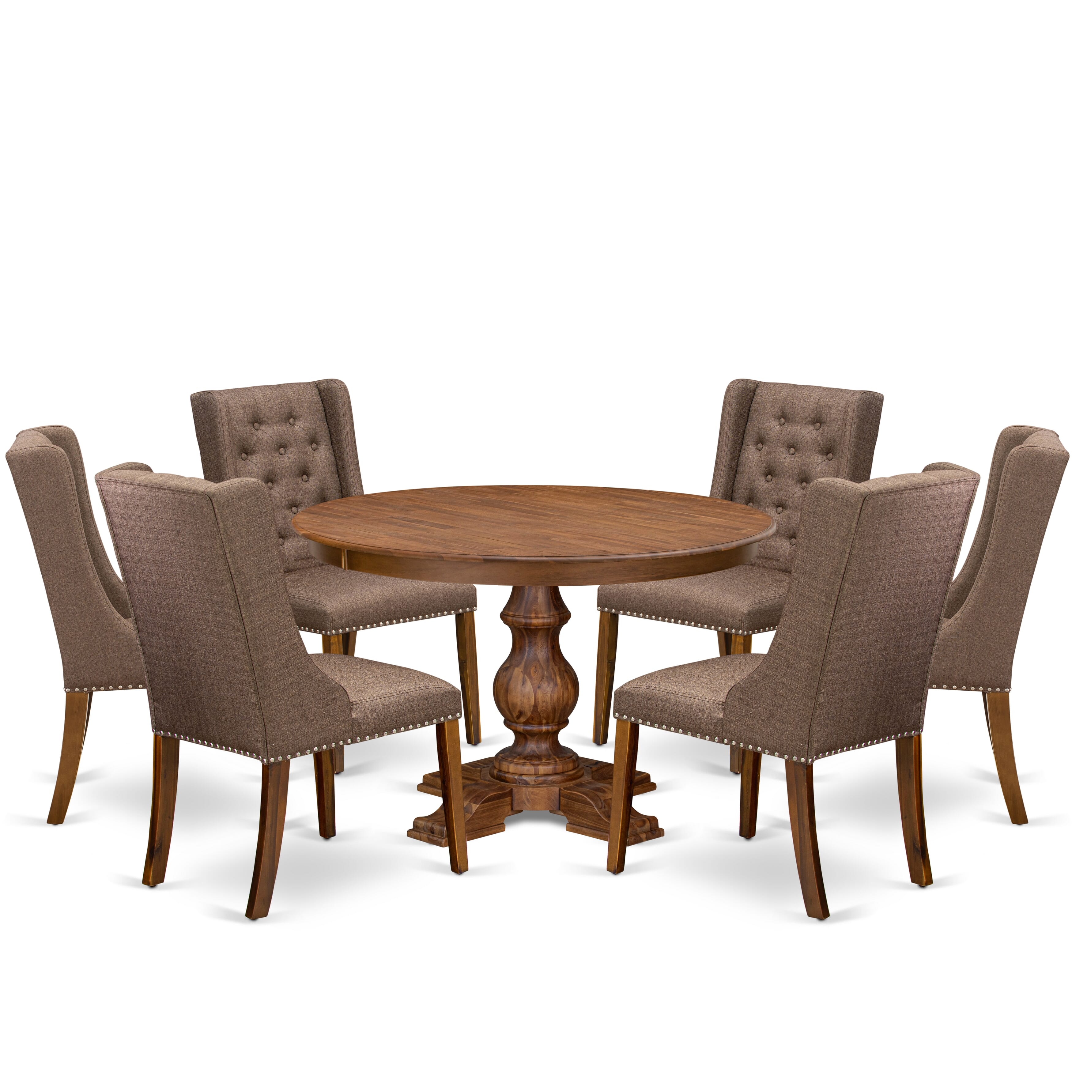 Luxe by East West Furniture - F5FO7-40N-18 - 7-Piece Mid Century Dining Set Consist of A Table and 6 Brown Linen Fabric Parson Chairs with Button Tufted Back, Antique Walnut