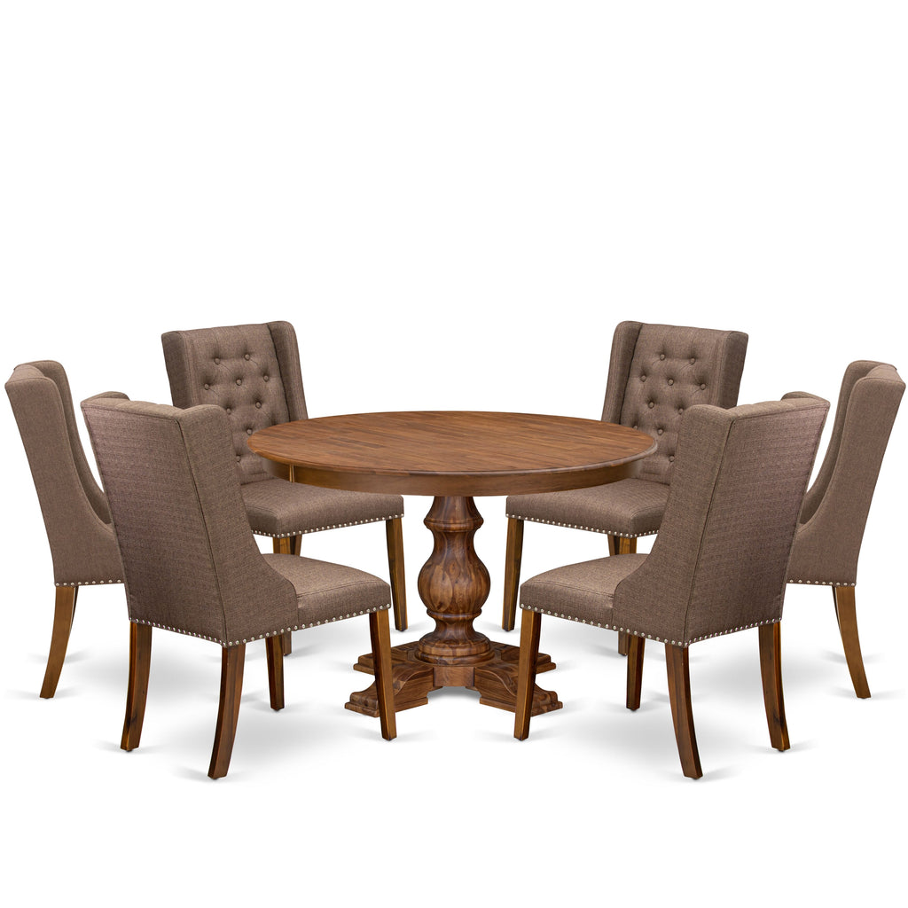Luxe by East West Furniture - F5FO7-40N-18 - 7-Piece Mid Century Dining Set Consist of A Table and 6 Brown Linen Fabric Parson Chairs with Button Tufted Back, Antique Walnut