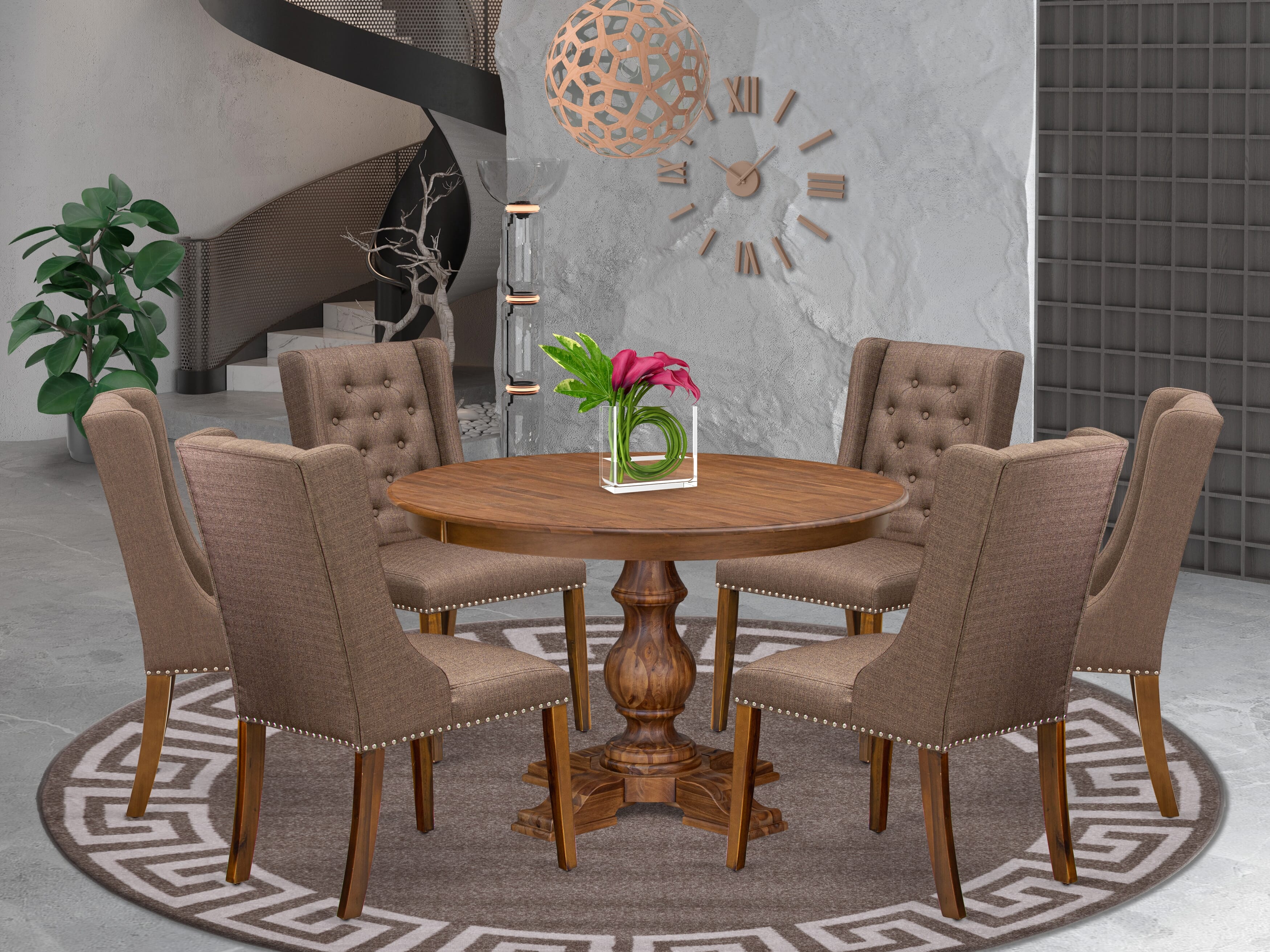Luxe by East West Furniture - F5FO7-40N-18 - 7-Piece Mid Century Dining Set Consist of A Table and 6 Brown Linen Fabric Parson Chairs with Button Tufted Back, Antique Walnut