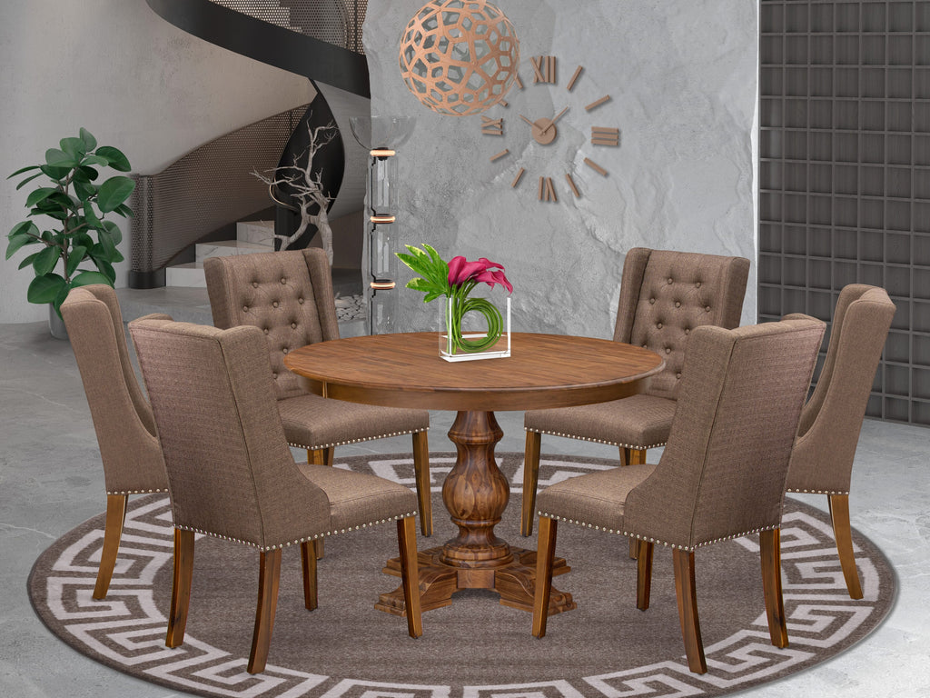 Luxe by East West Furniture - F5FO7-40N-18 - 7-Piece Mid Century Dining Set Consist of A Table and 6 Brown Linen Fabric Parson Chairs with Button Tufted Back, Antique Walnut