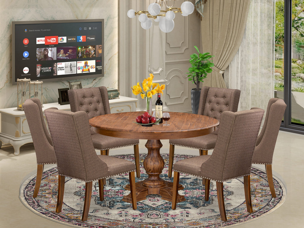 Luxe by East West Furniture - F5FO7-50N-18 - 7-Piece Dining Table Set Consist of A Modern Table and 6 Brown Linen Fabric Parson Chairs with Button Tufted Back, Antique Walnut