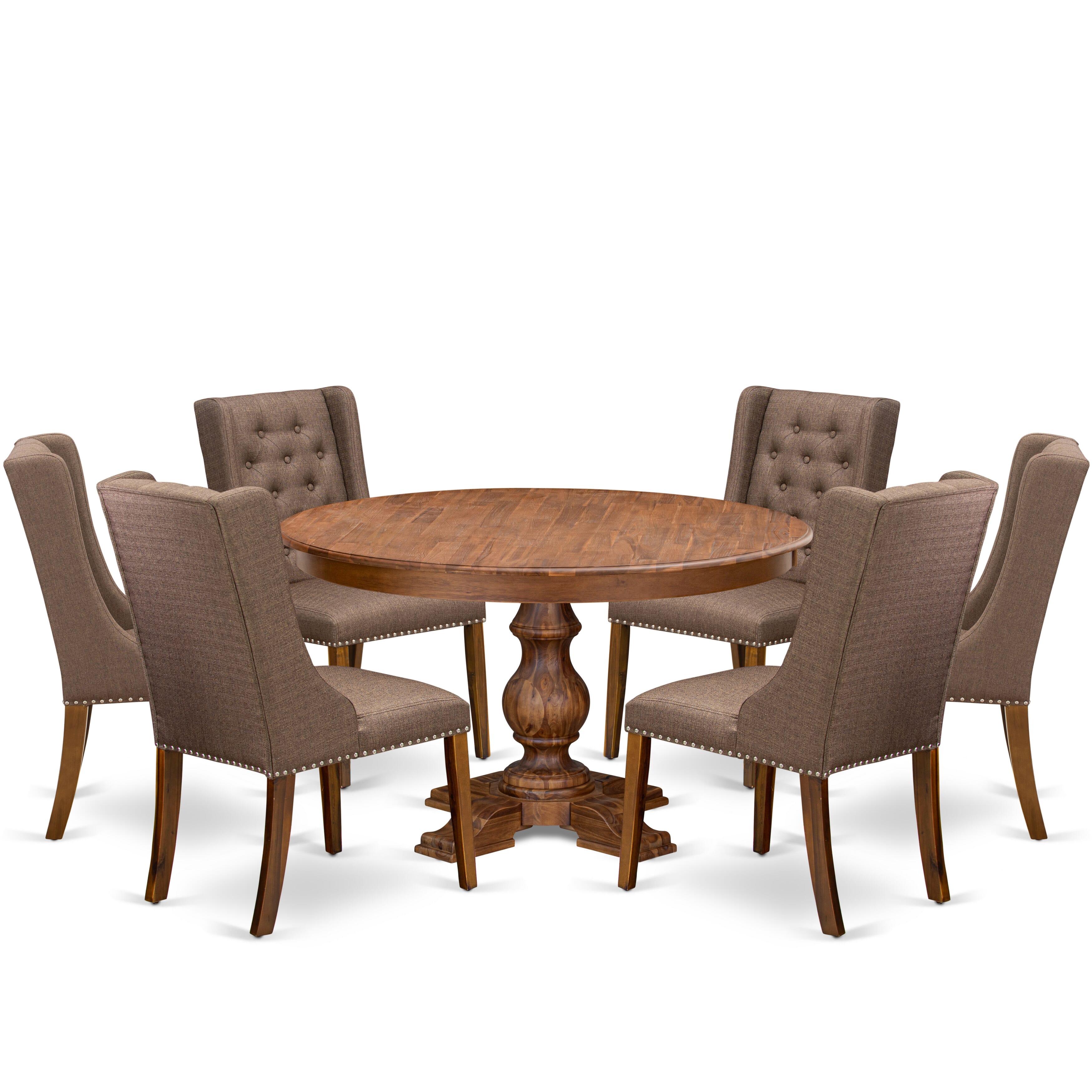 Luxe by East West Furniture - F5FO7-50N-18 - 7-Piece Dining Table Set Consist of A Modern Table and 6 Brown Linen Fabric Parson Chairs with Button Tufted Back, Antique Walnut