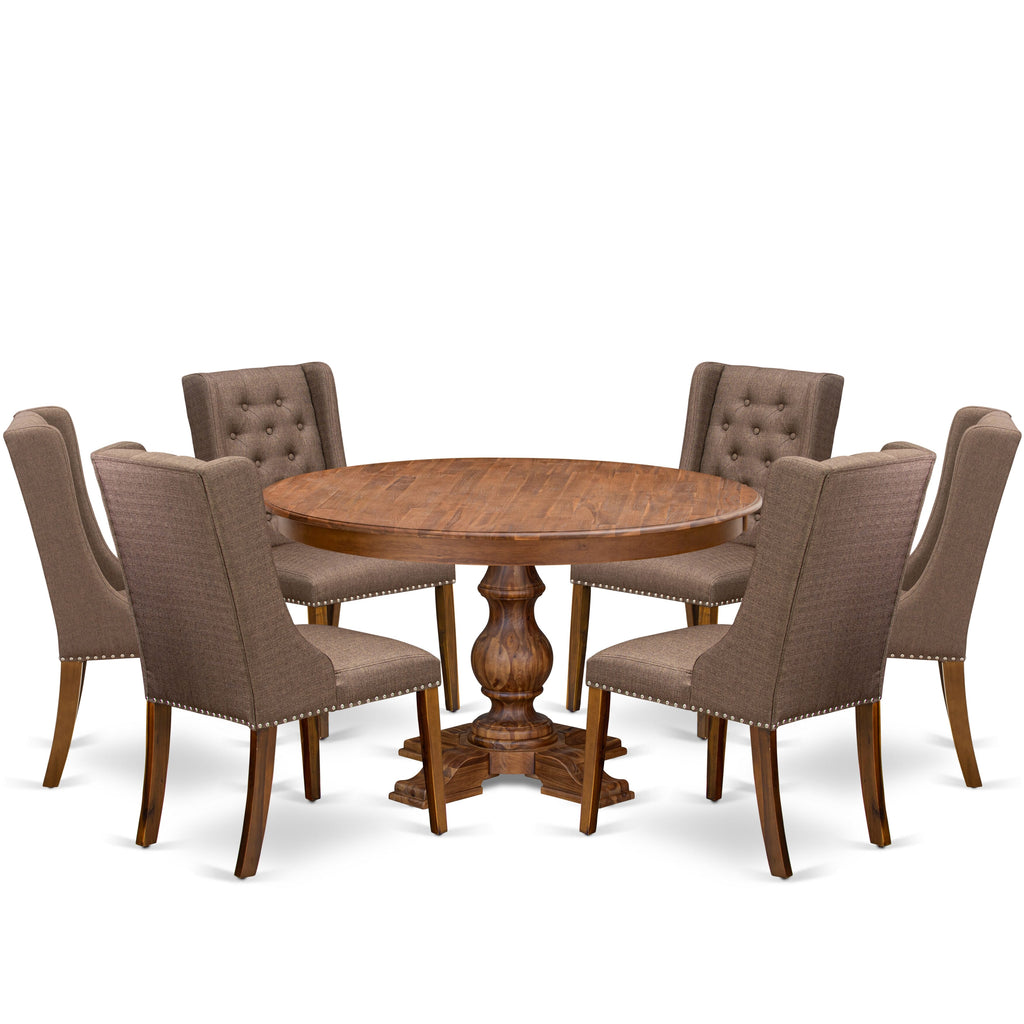 Luxe by East West Furniture - F5FO7-50N-18 - 7-Piece Dining Table Set Consist of A Modern Table and 6 Brown Linen Fabric Parson Chairs with Button Tufted Back, Antique Walnut