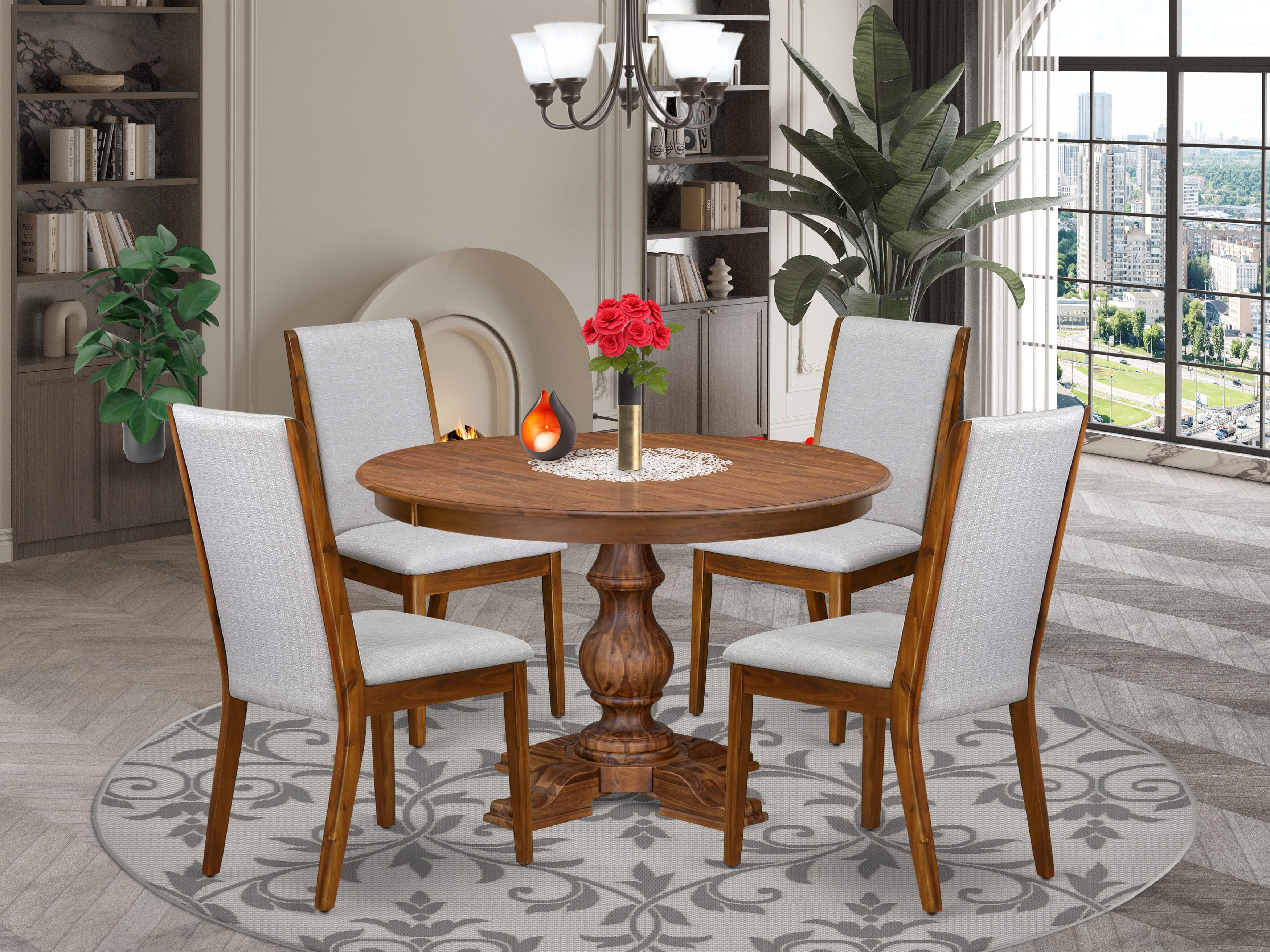 Luxe by East West Furniture - F5LA5-40N-05 - 5-Piece Dining Table Set Contains A Modern Dining Table and 4 Grey Linen Fabric Upholstered Chairs with High Back, Antique Walnut