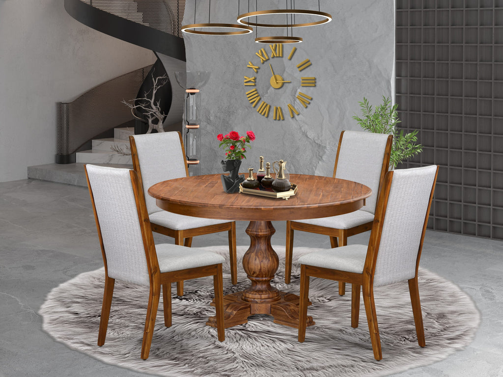 Luxe by East West Furniture - F5LA5-50N-05 - 5-Piece Kitchen Table Set Contains A Mid Century Table and 4 Grey Linen Fabric Upholstered Chairs with High Back, Antique Walnut