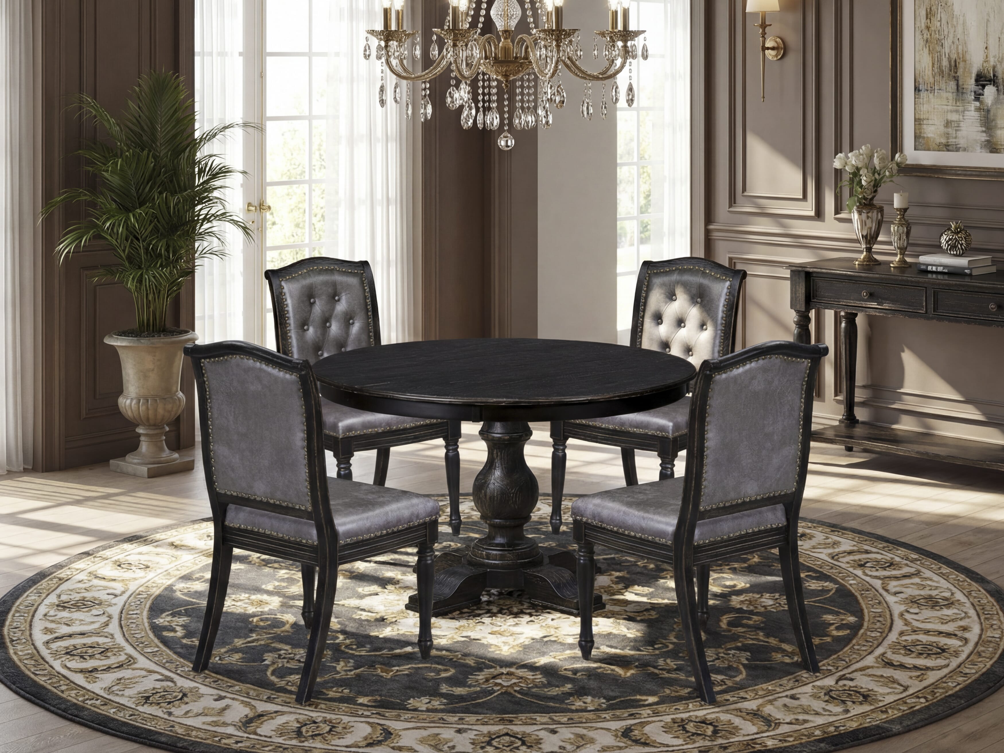 Luxe by East West Furniture - F5MA5-411-34 - 5-piece Modern Dining Set consists of a Dining Table and 4 Dark Grey Polyester Fabric Modern Dining Chair with Button Tufted Back - Sand Blasting Black