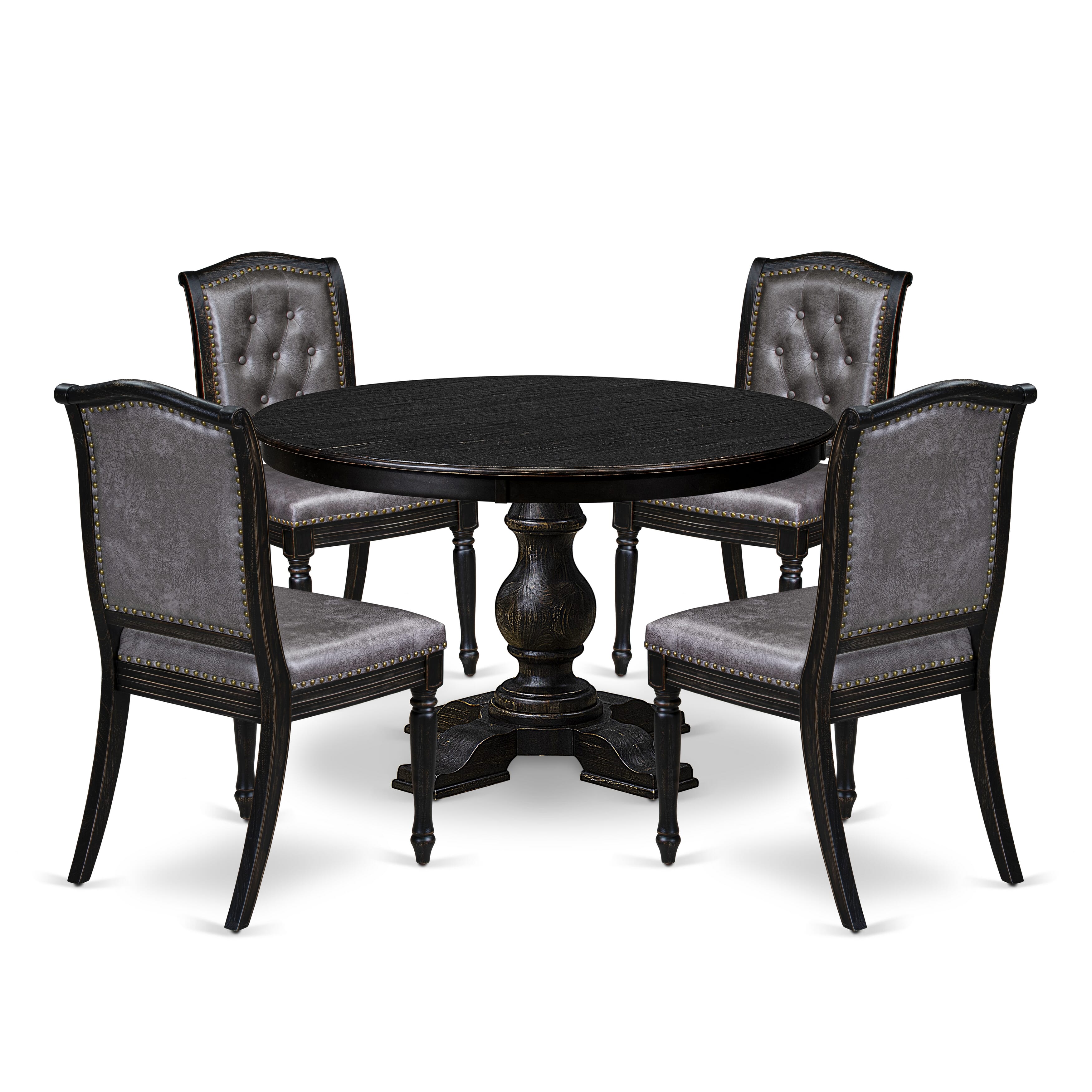 Luxe by East West Furniture - F5MA5-411-34 - 5-piece Modern Dining Set consists of a Dining Table and 4 Dark Grey Polyester Fabric Modern Dining Chair with Button Tufted Back - Sand Blasting Black