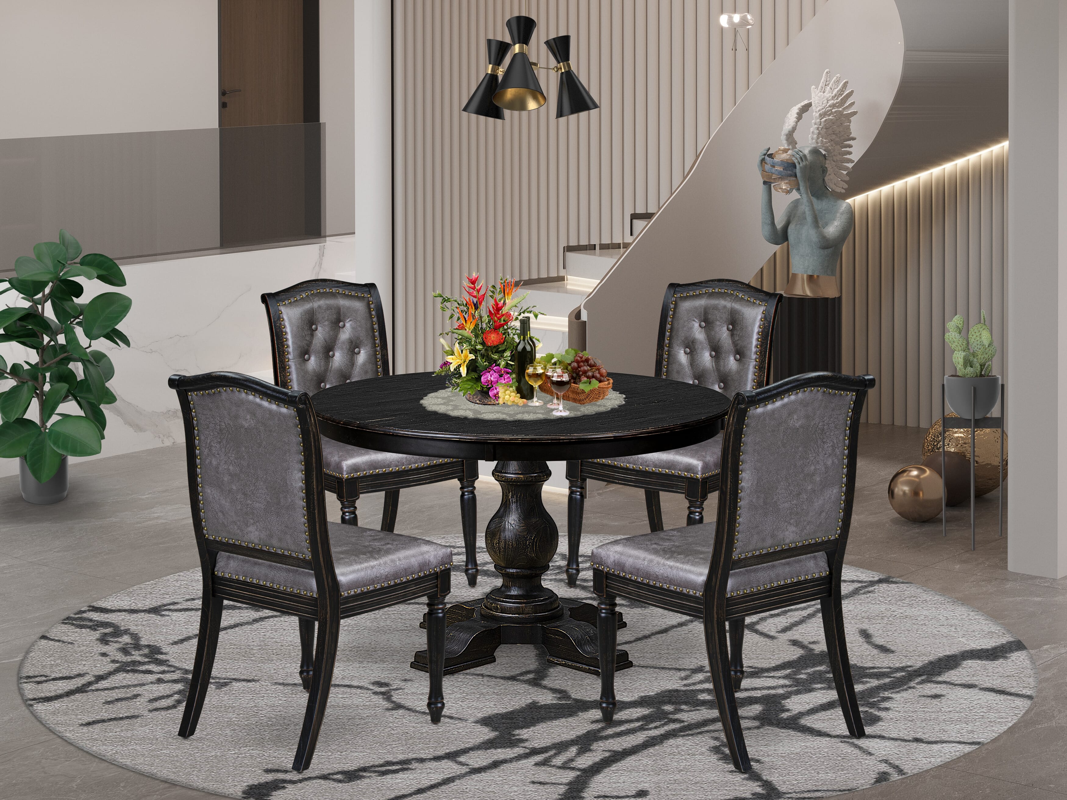 Luxe by East West Furniture - F5MA5-411-34 - 5-piece Modern Dining Set consists of a Dining Table and 4 Dark Grey Polyester Fabric Modern Dining Chair with Button Tufted Back - Sand Blasting Black