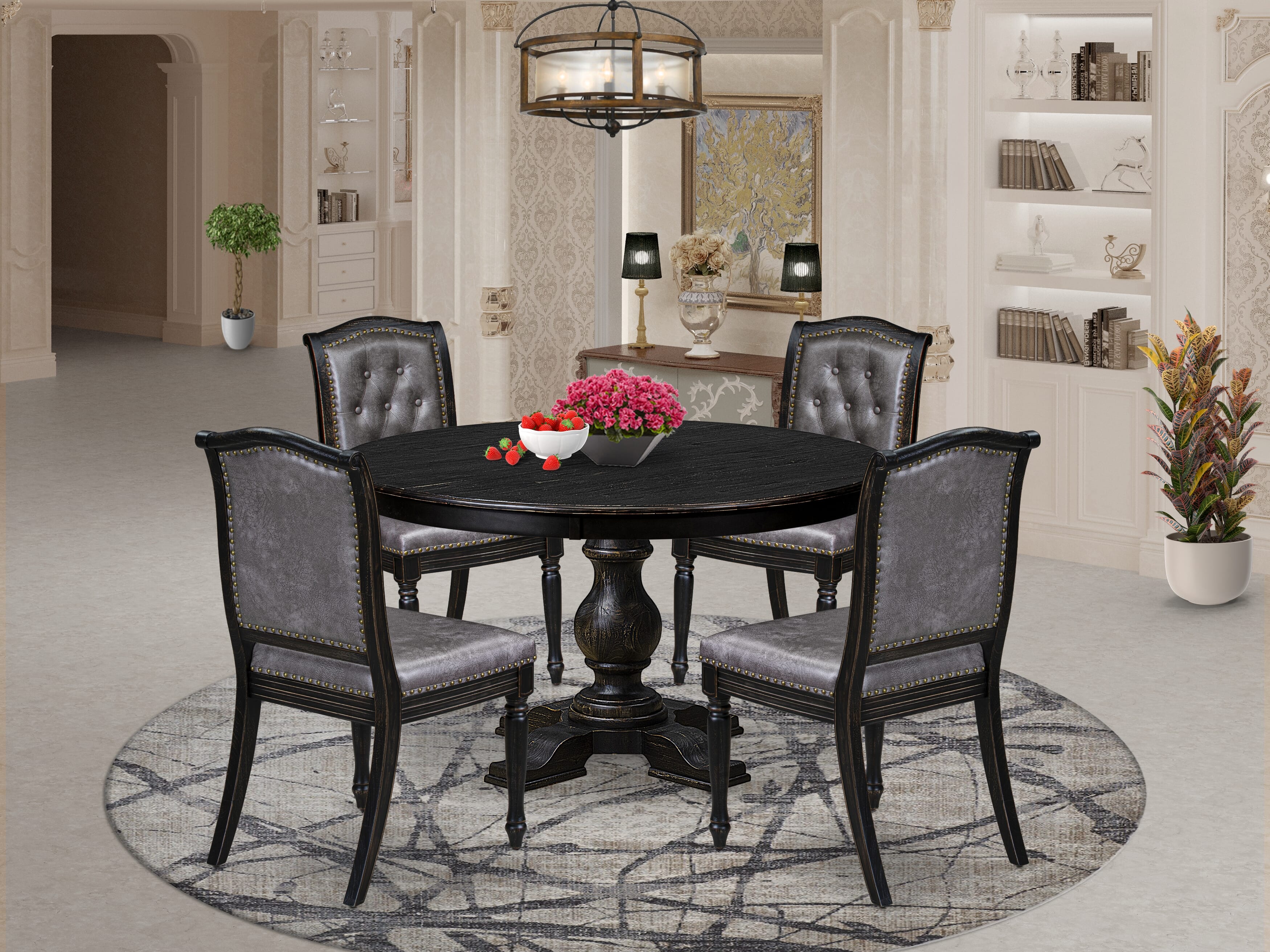 Luxe by East West Furniture - F5MA5-511-34 - 5-piece Mid Century Dining Set consists of a Dining Table and 4 Dark Grey Polyester Fabric Upholstered Chairs with Button Tufted Back - Sand Blasting Black