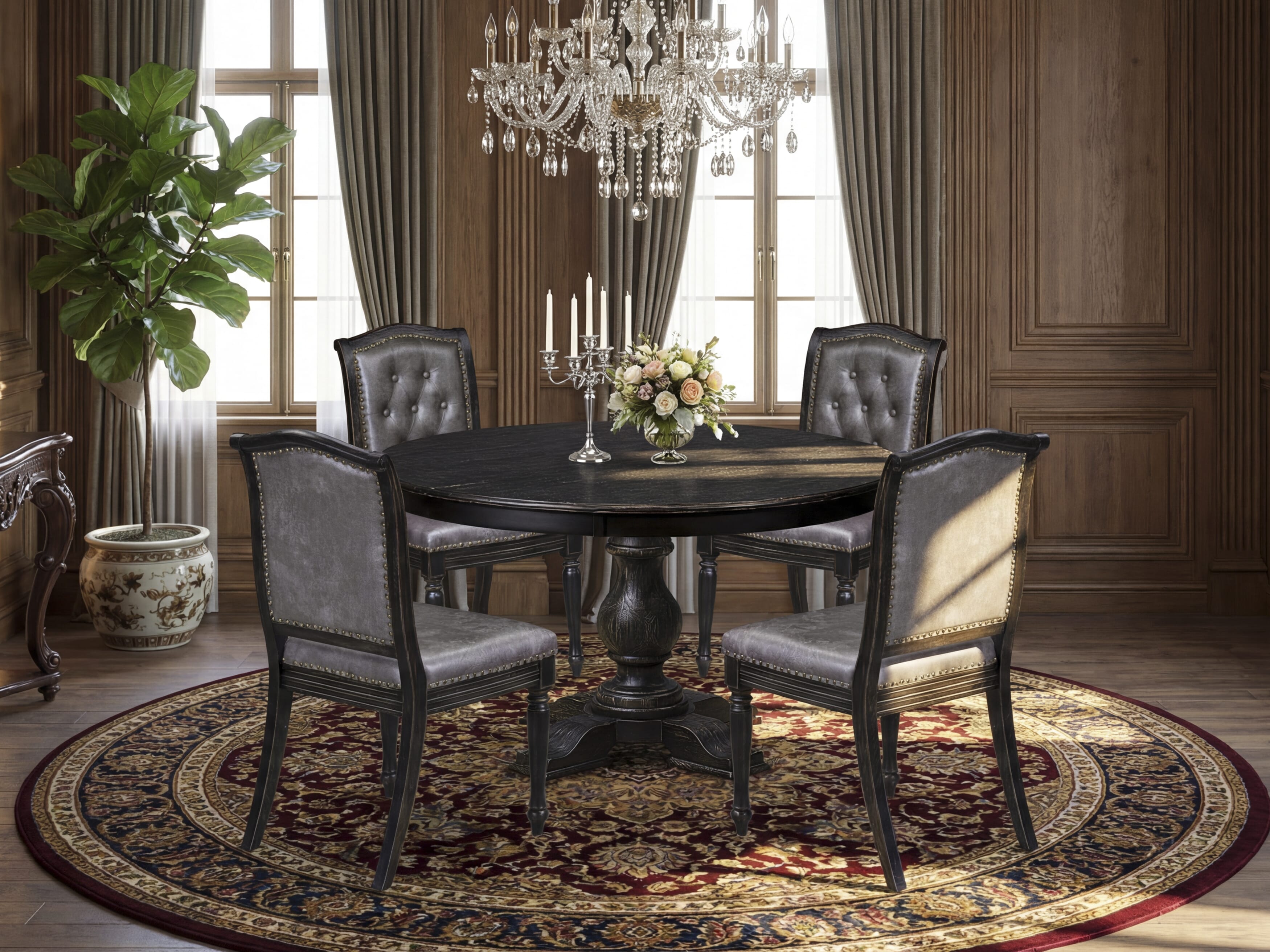 Luxe by East West Furniture - F5MA5-511-34 - 5-piece Mid Century Dining Set consists of a Dining Table and 4 Dark Grey Polyester Fabric Upholstered Chairs with Button Tufted Back - Sand Blasting Black