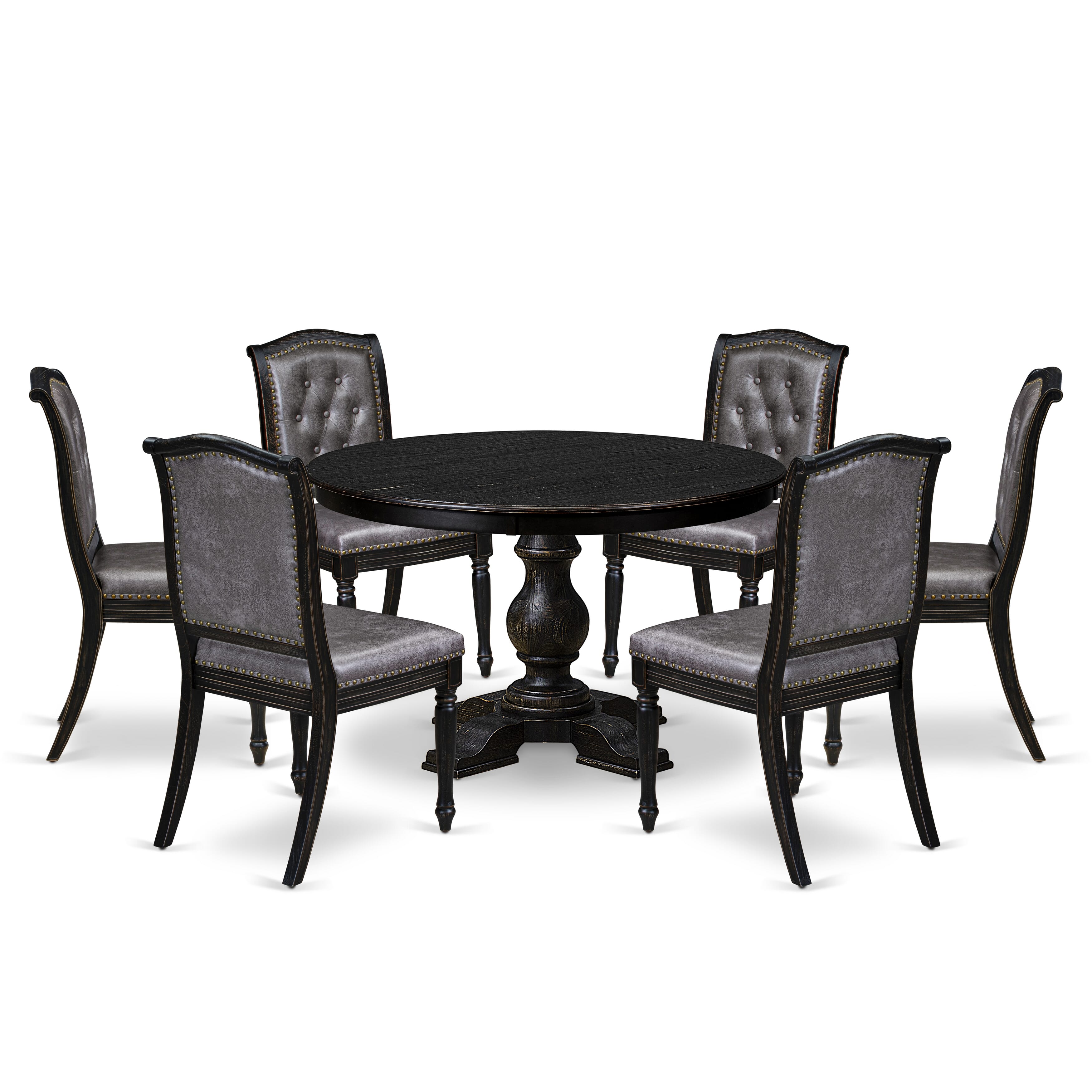 Luxe by East West Furniture - F5MA7-411-34 - 7-piece Modern Dining Table Set consists of a Dining Table and 6 Dark Grey Polyester Fabric Modern Chair with Button Tufted Back - Sand Blasting Black
